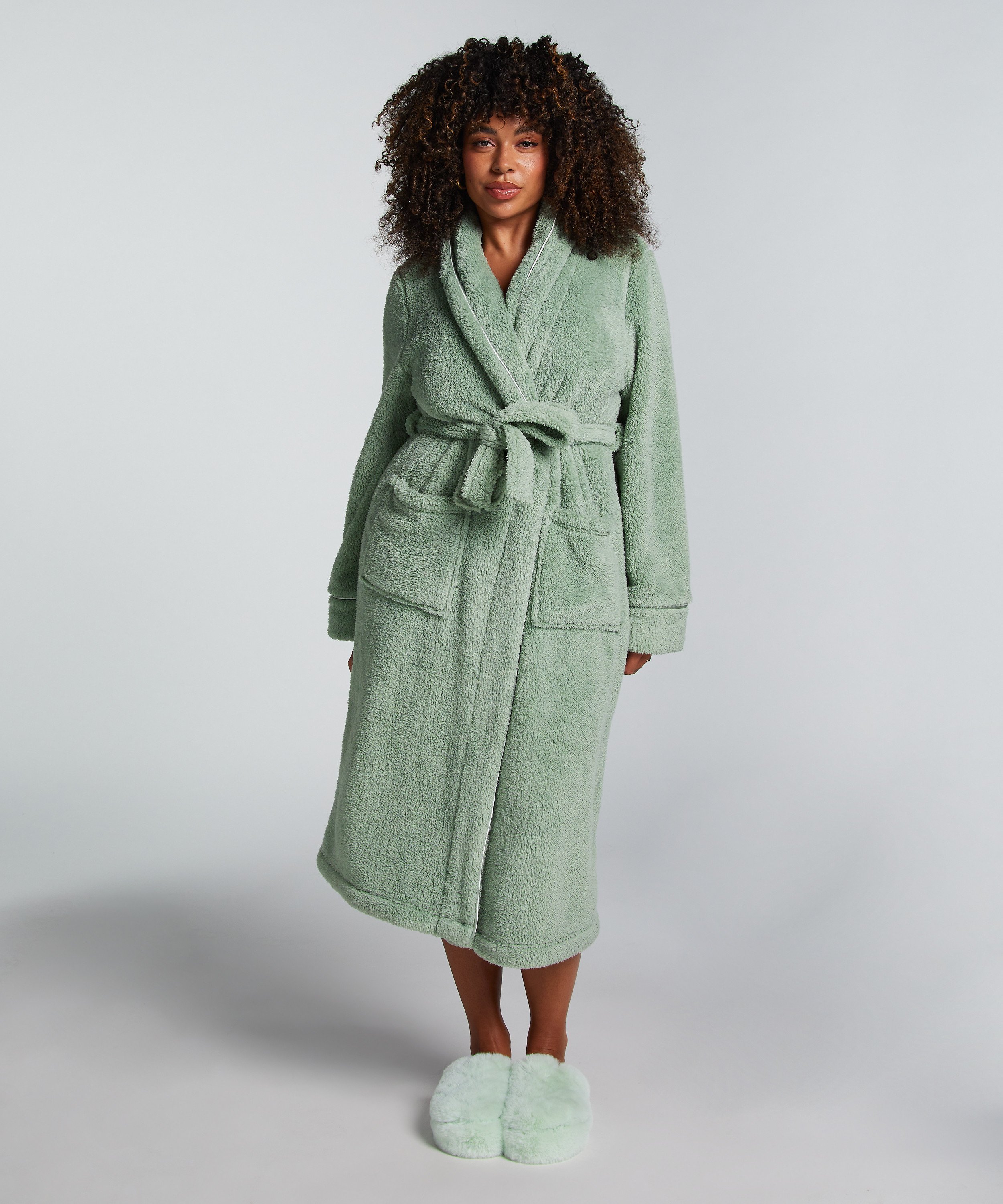 Long Fleece Bathrobe, Green, main
