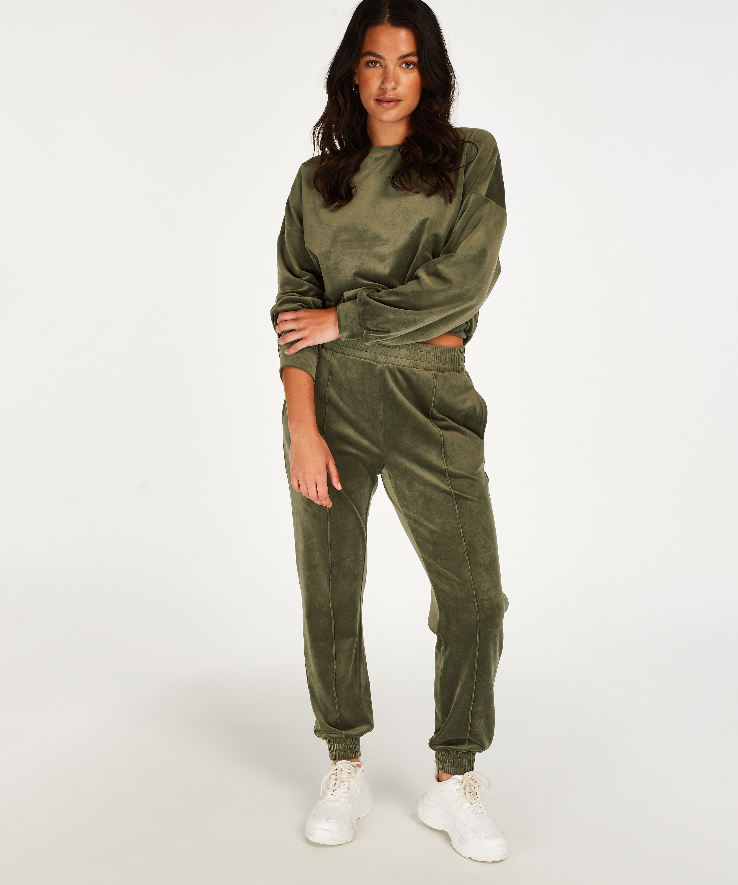 Velour Jogging Pants Pin-tucked, Green, main