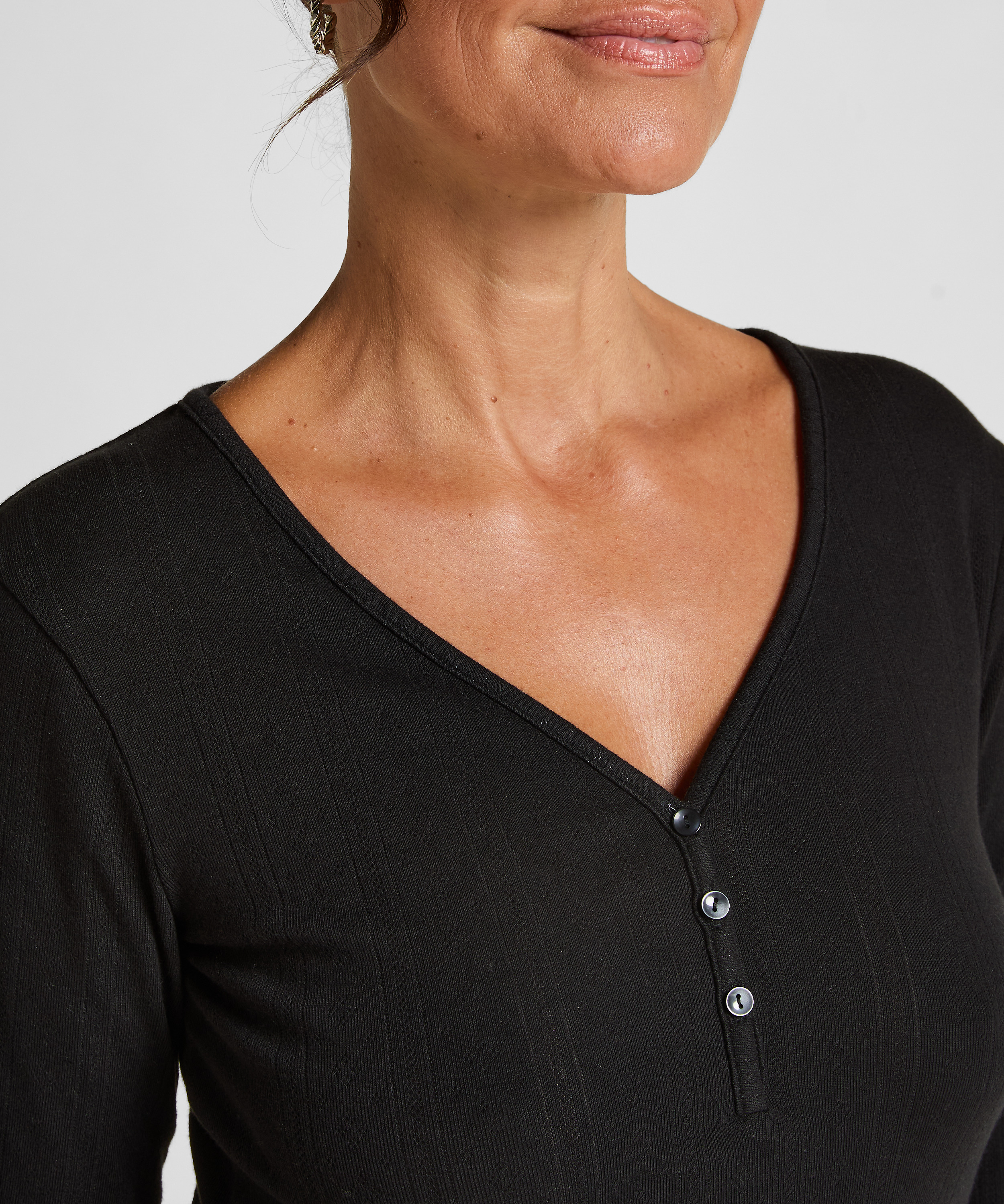 Longsleeved Pyjama Top Henley, Black, main