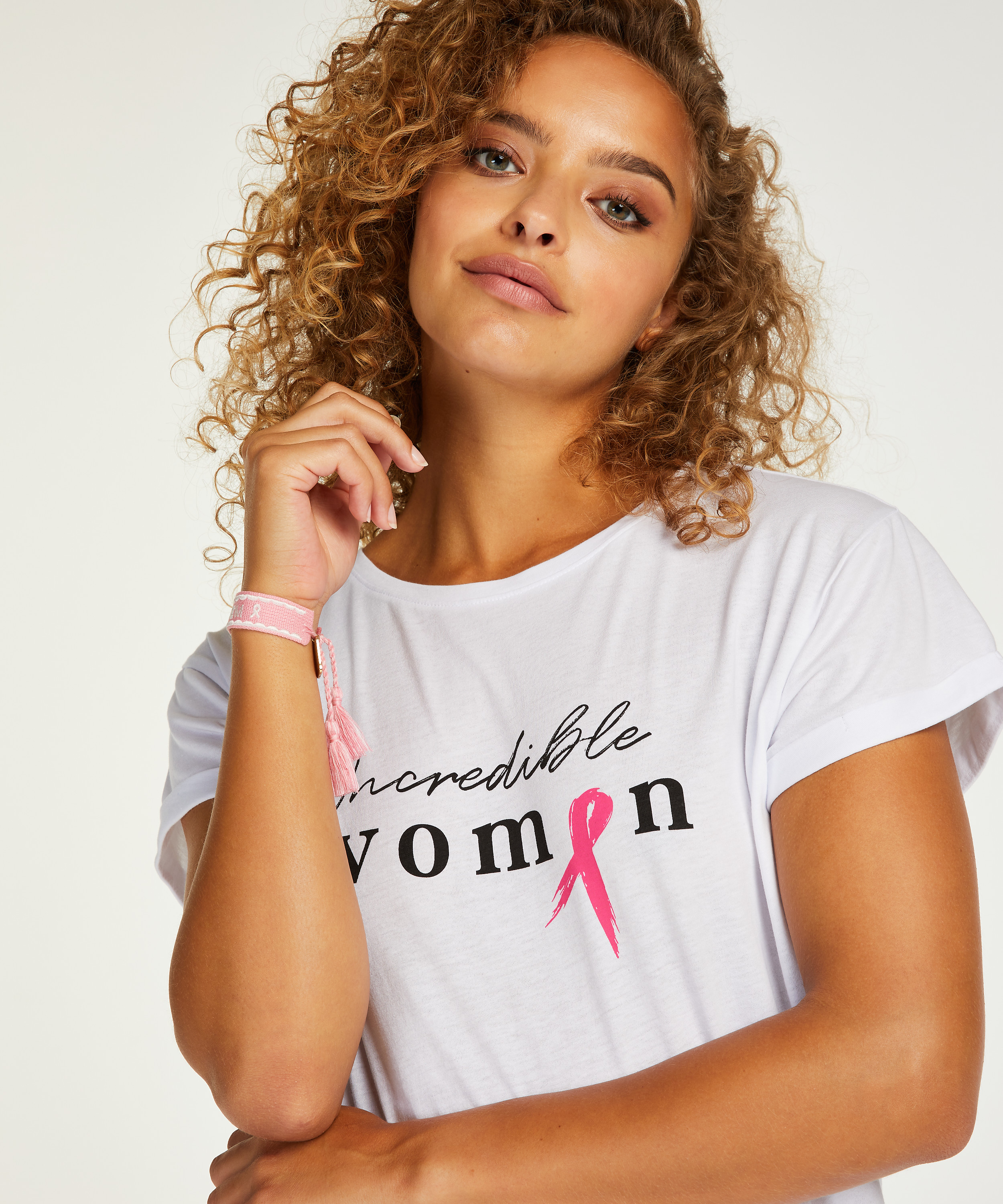 Short Sleeved Pink Ribbon Top, White, main