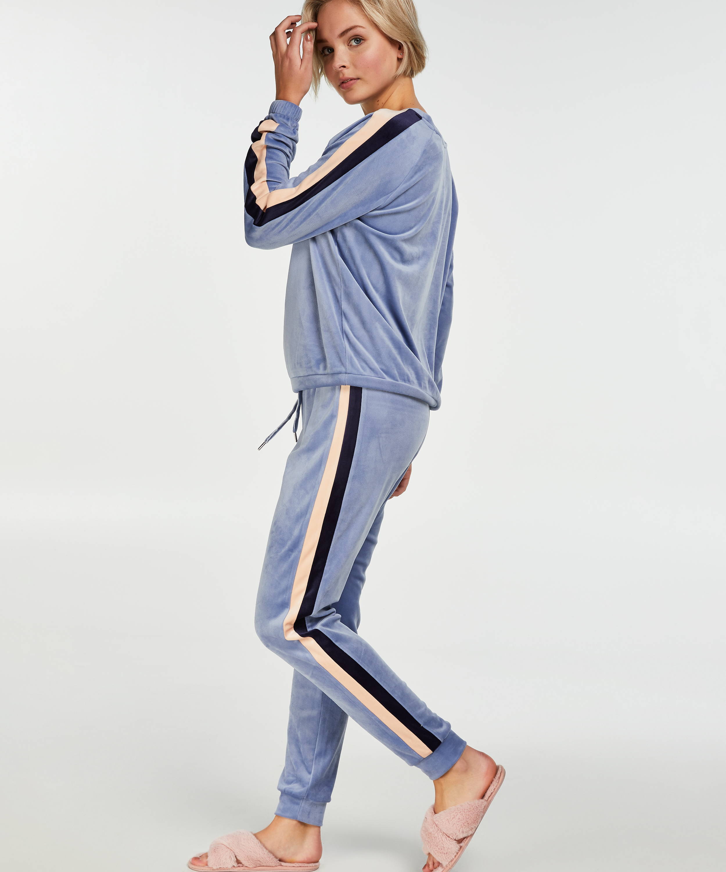 Striped Velvet Jogging Pants, Blue, main