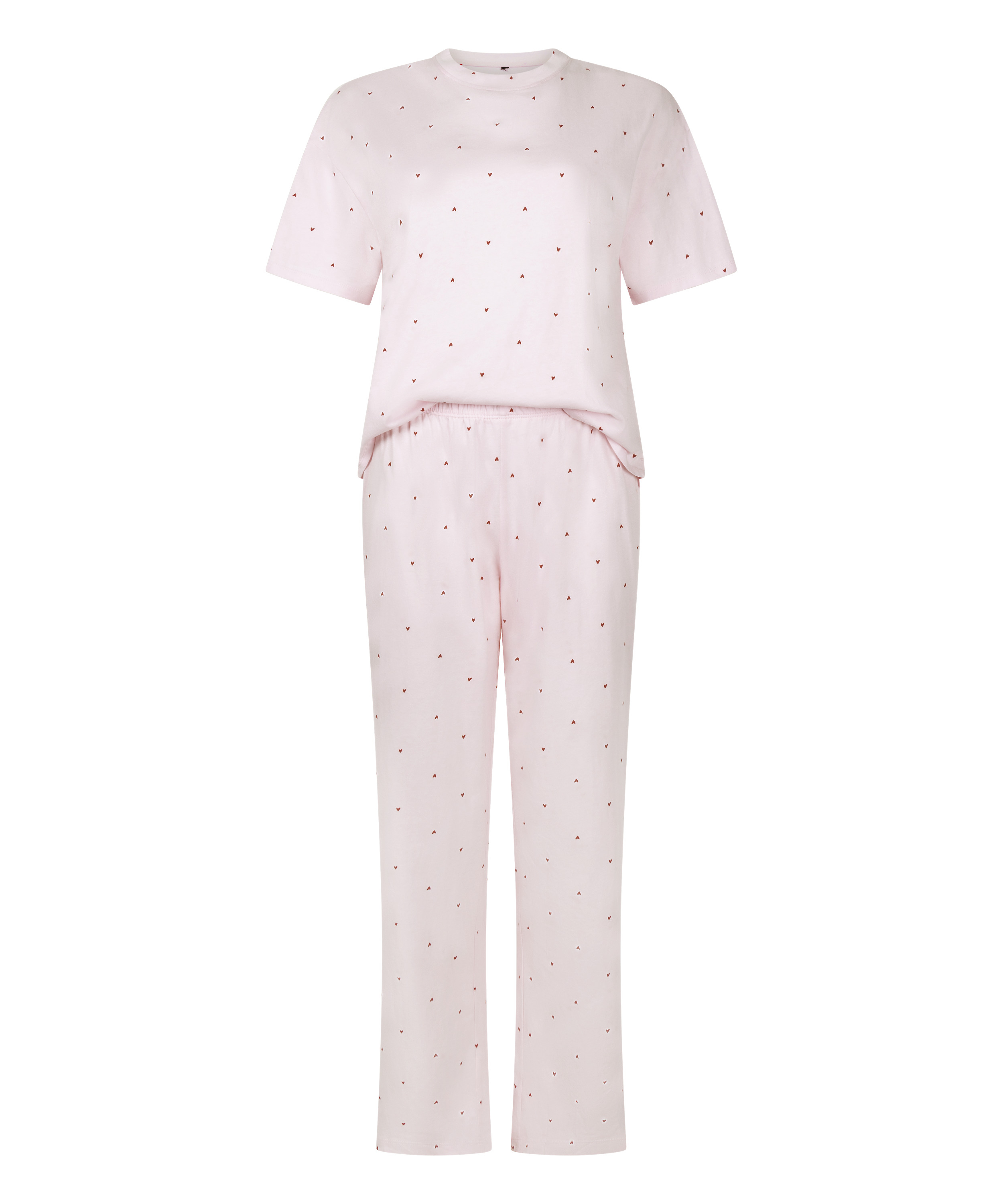 Cozy up in style with this charming pyjama set, designed for ultimate comfort and playful flair. Made from soft, breathable fabric, the set features long pants with an elasticated waist for a perfect, flexible fit and a short-sleeved top. Together, they create a relaxed, coordinated look ideal for lounging or sleeping., Pink, main