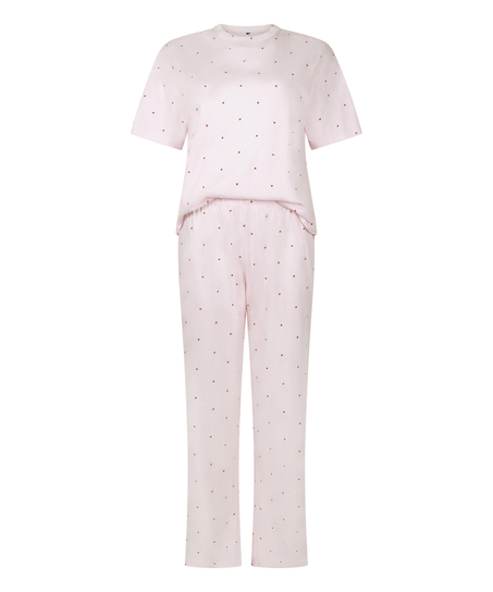 Cozy up in style with this charming pyjama set, designed for ultimate comfort and playful flair. Made from soft, breathable fabric, the set features long pants with an elasticated waist for a perfect, flexible fit and a short-sleeved top. Together, they create a relaxed, coordinated look ideal for lounging or sleeping., Pink