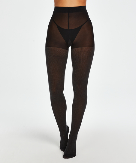 70 Denier Ribbed Lurex Tights, Black