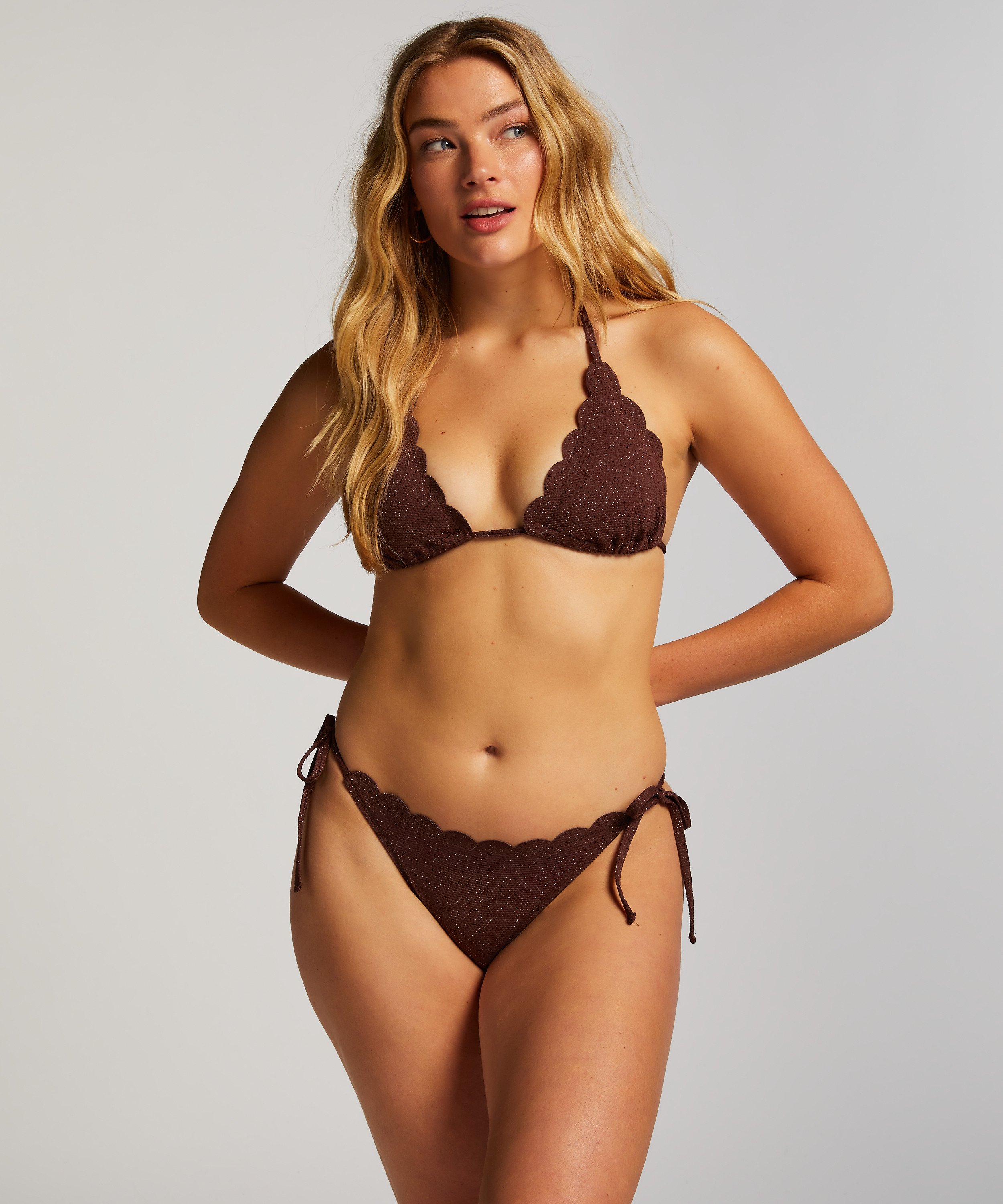 Scallop Lurex Bikini Top, Brown, main