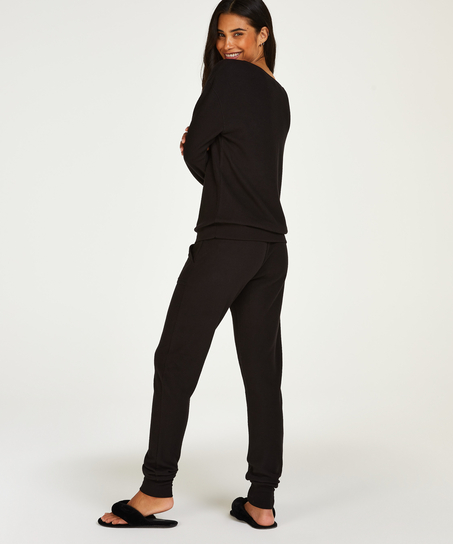 Waffle Placket Pyjama, Black