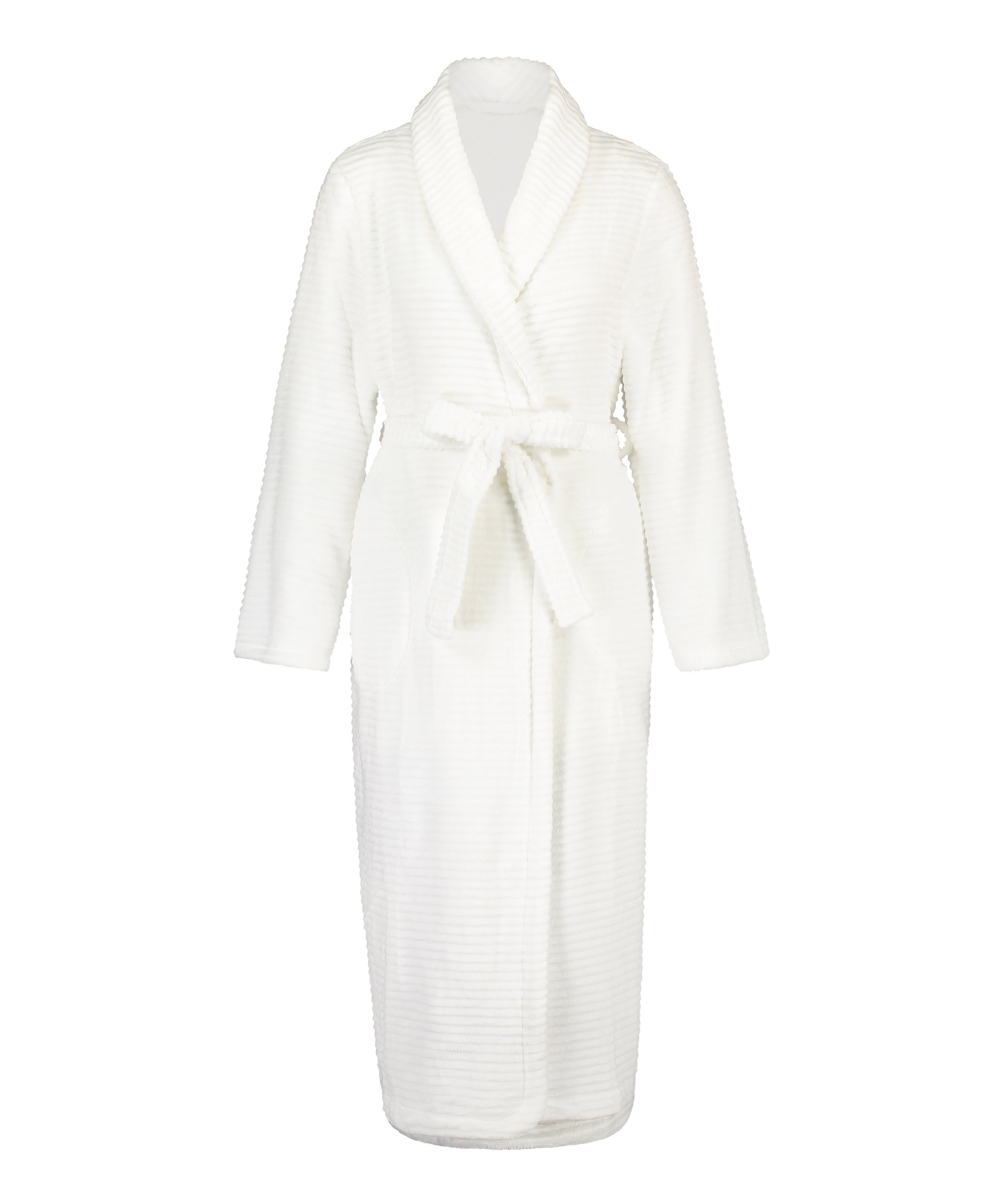 Long Fleece Ribbed Bathrobe, White, main