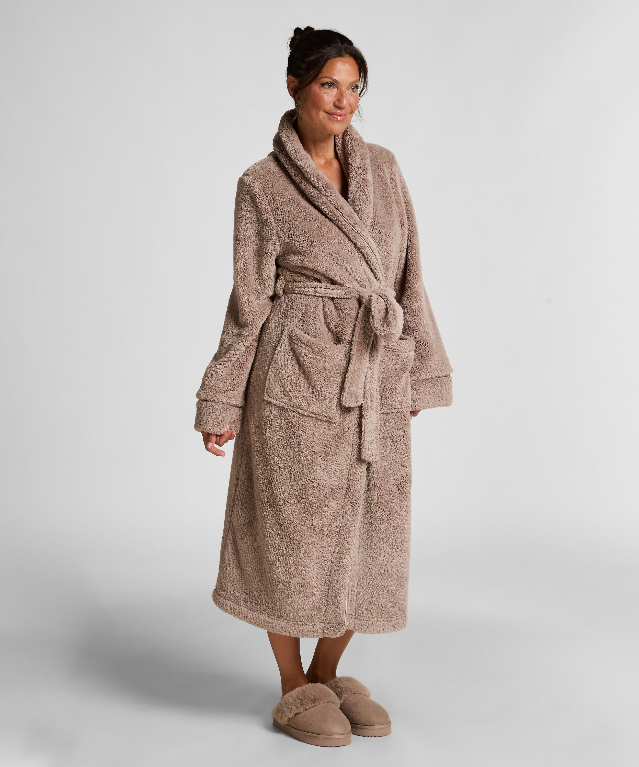 Long Fleece Bathrobe, Beige