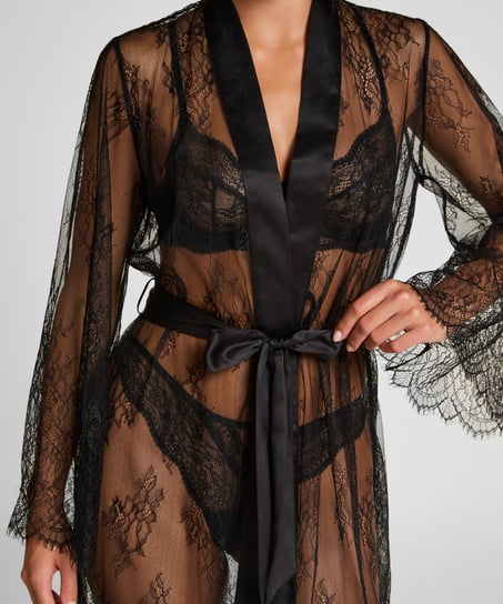 Long Allover Lace Kimono, Black