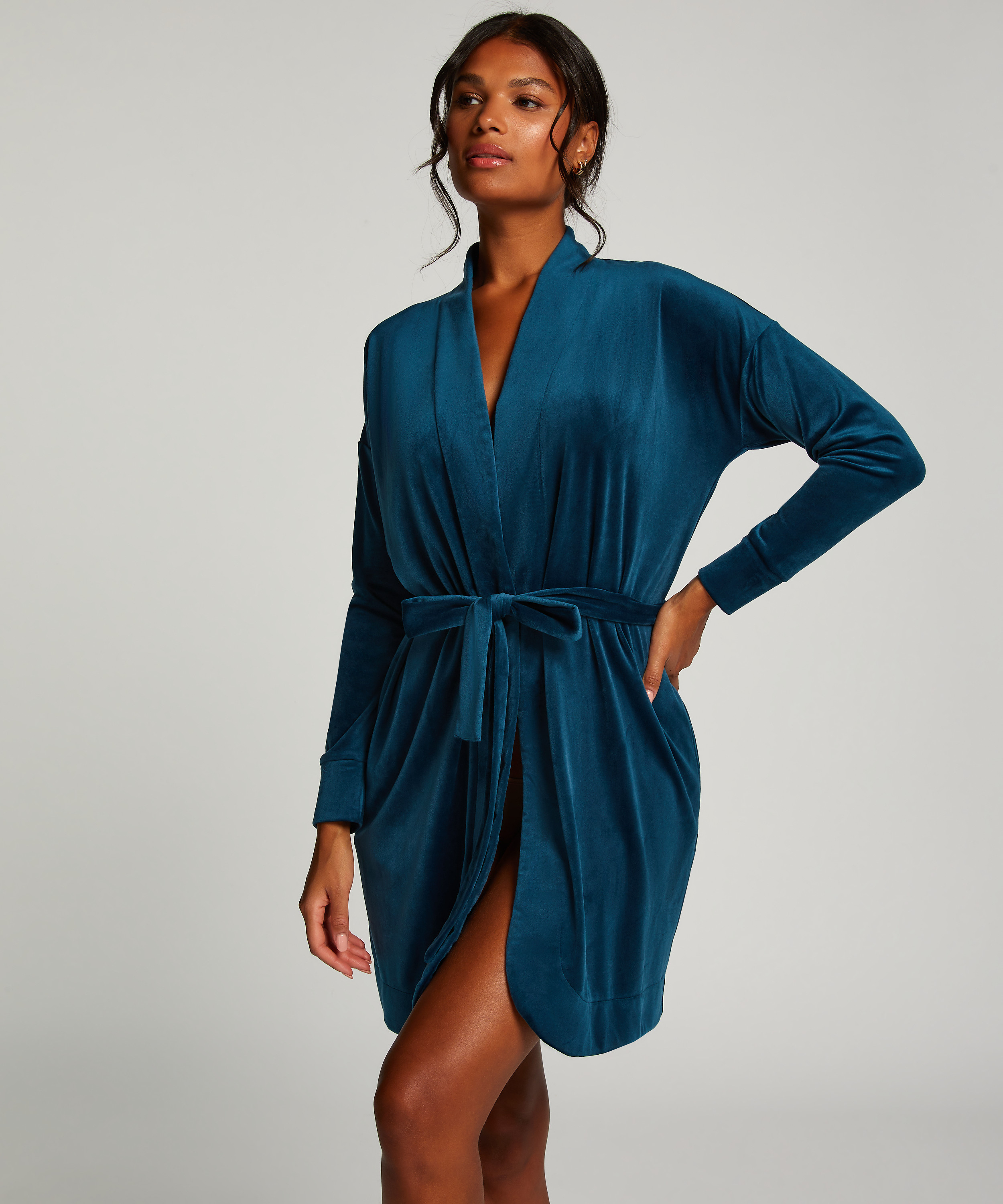 Velours short bathrobe, Blue, main