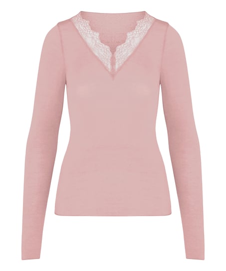 super soft Lace V-Neck Shirt with Cashmere, Pink