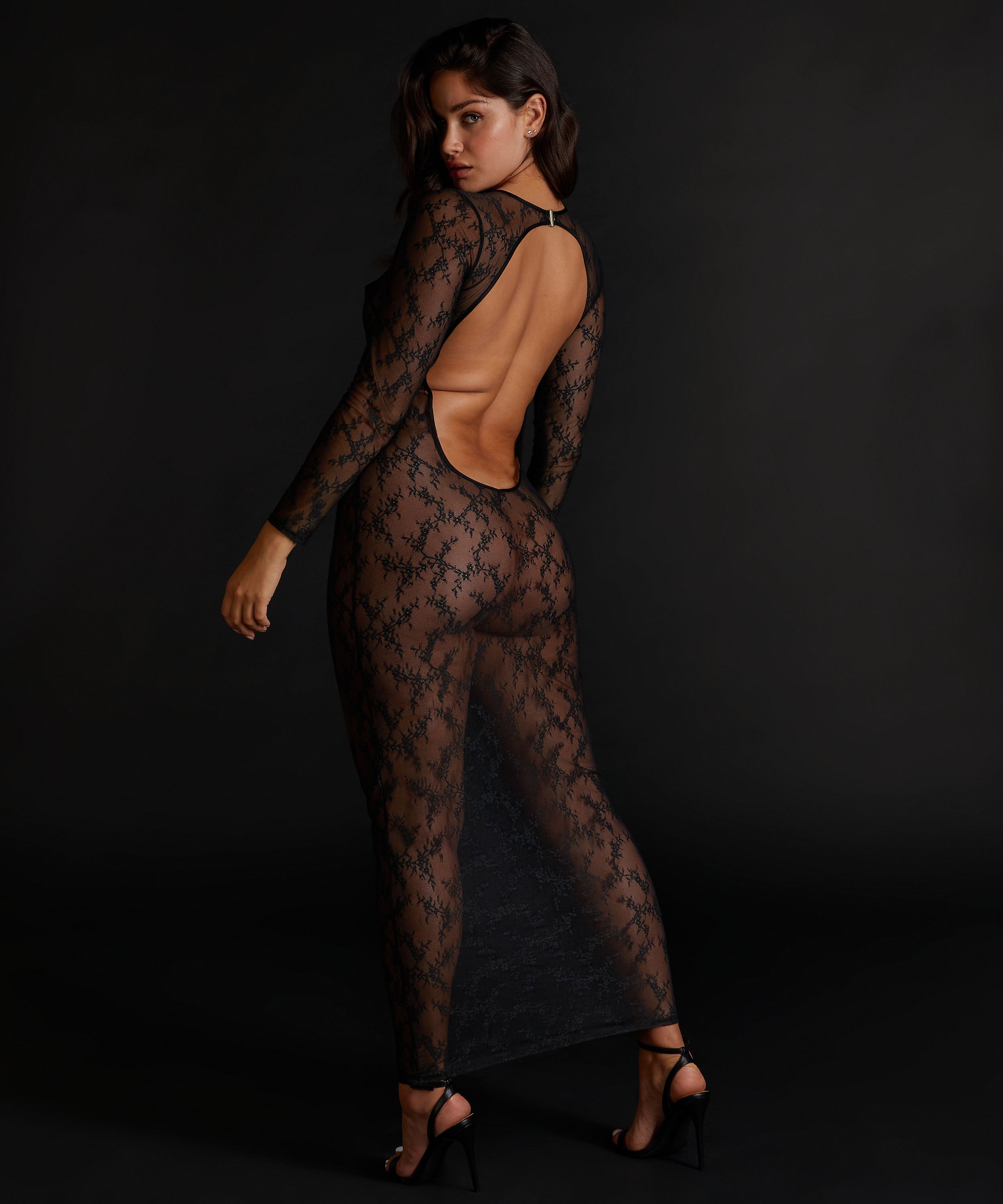 Long Sleeve Lace Bodycon Slip Dress, Black, main