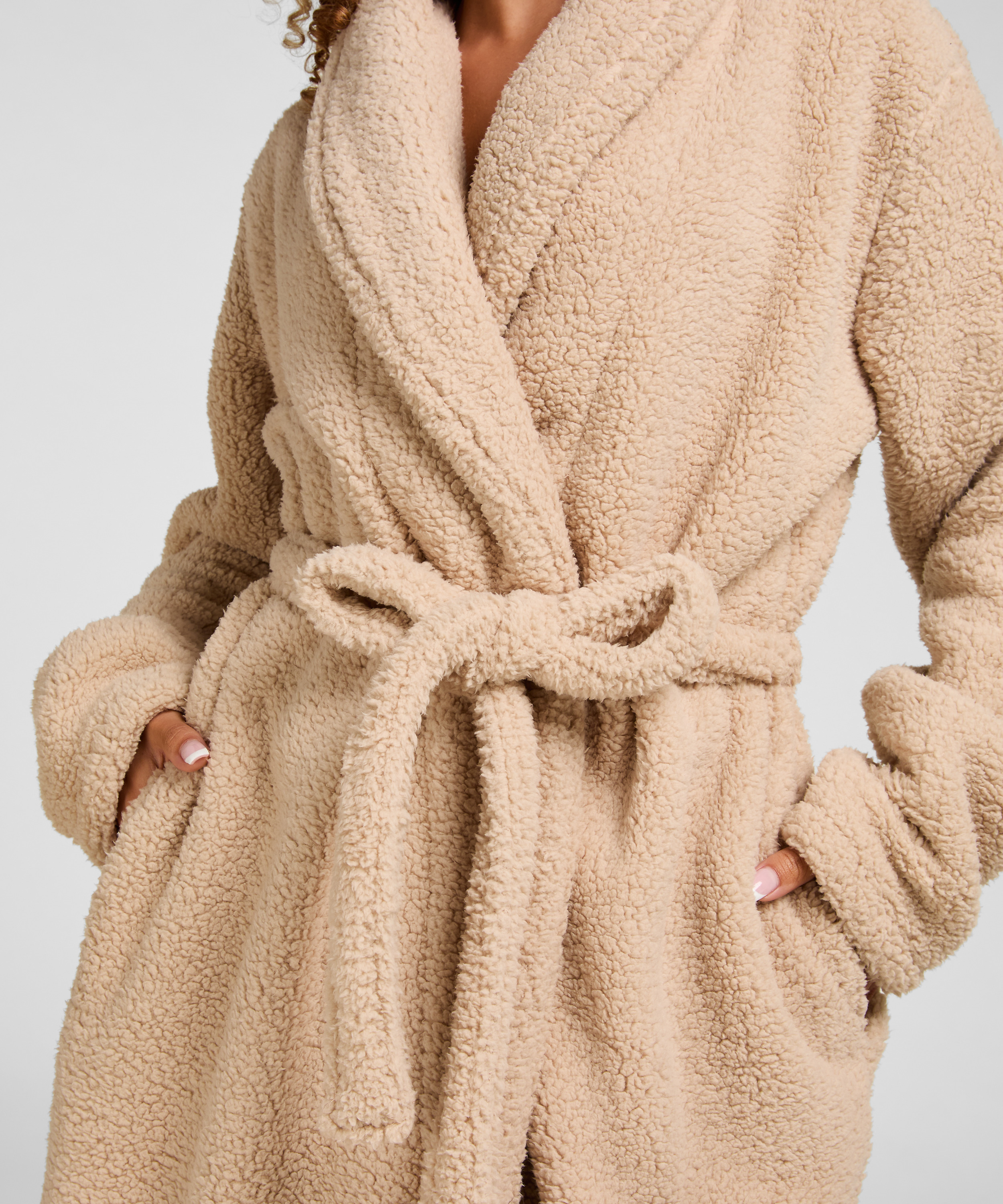 Long Fleece Bathrobe, Beige, main