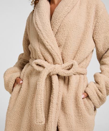 Long Fleece Bathrobe, Beige