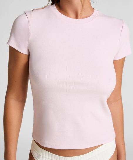 Ribbed Crew Neck Short-Sleeved Pyjama Top, Pink
