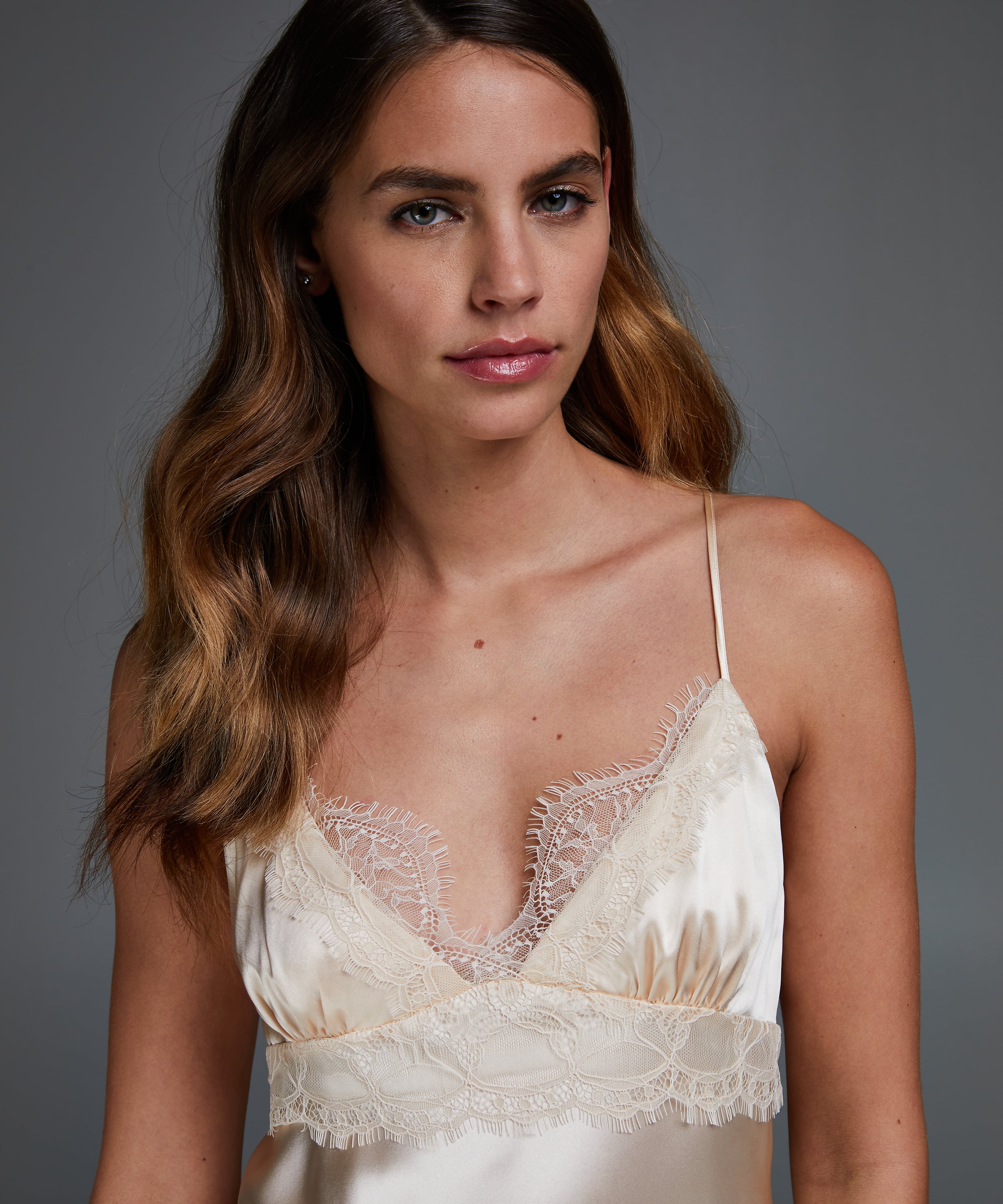 Silk Lace Slip Dress, Beige, main