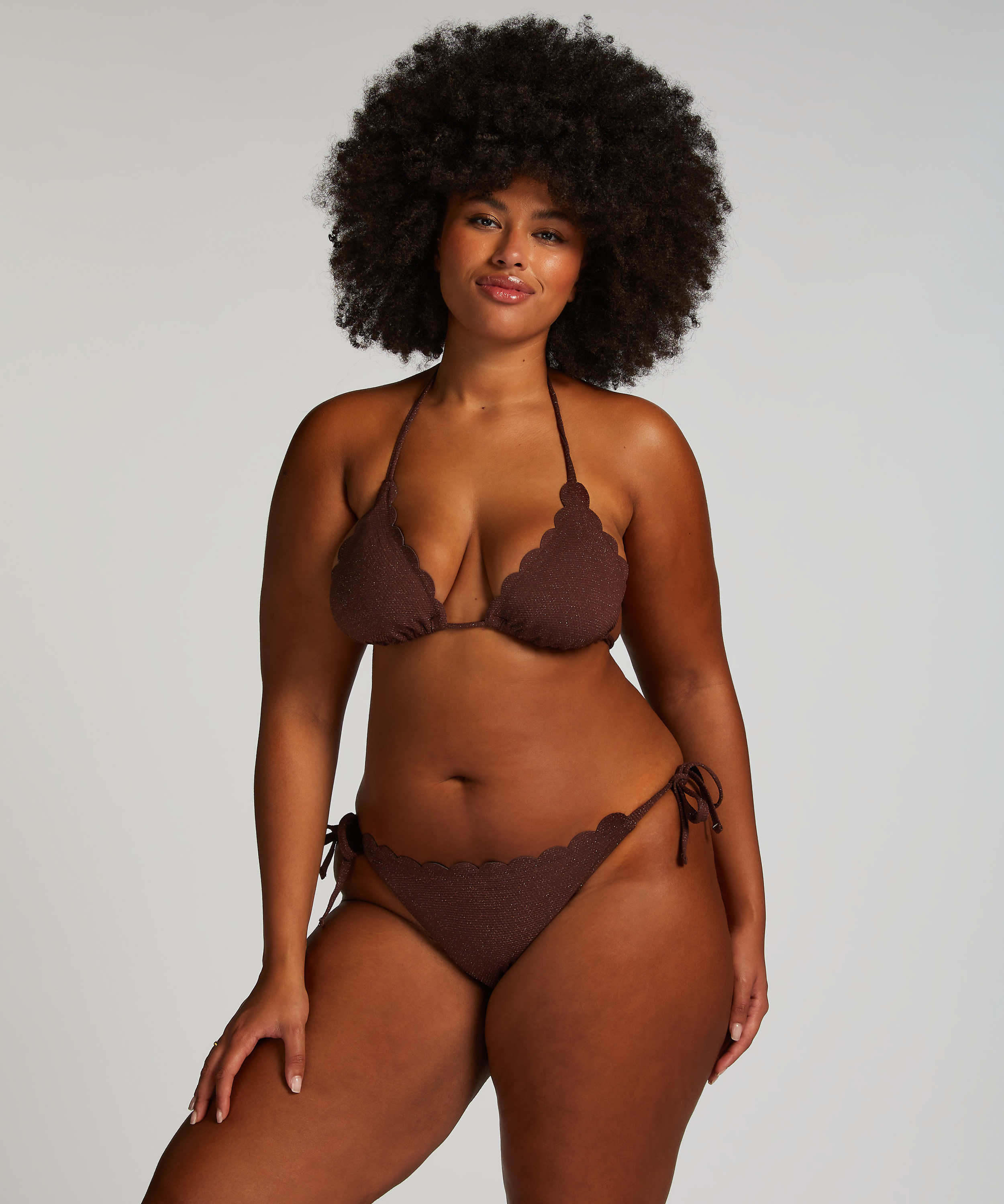 Scallop Lurex Triangle Bikini Top, Brown, main