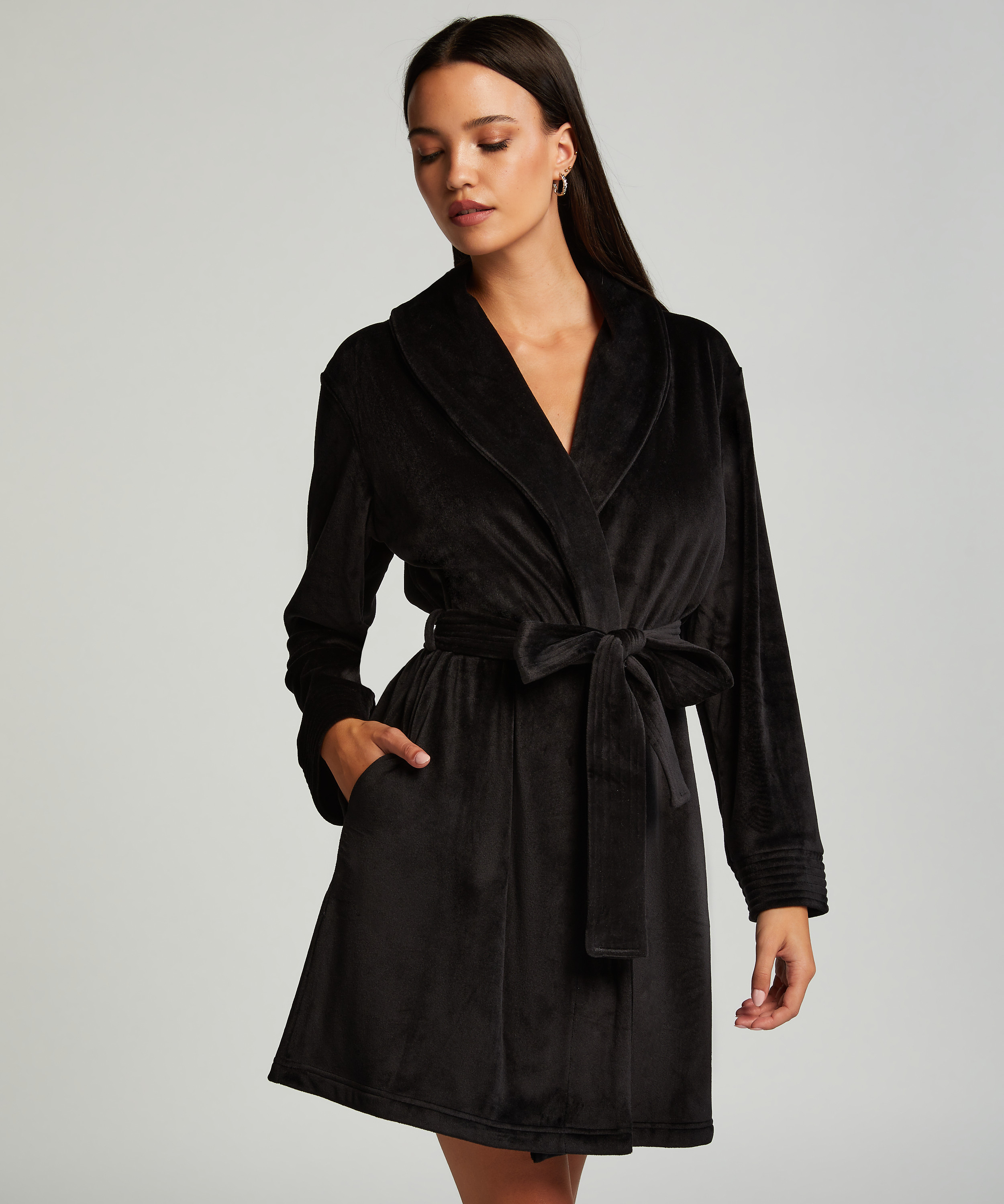 Velours short bathrobe, Black, main