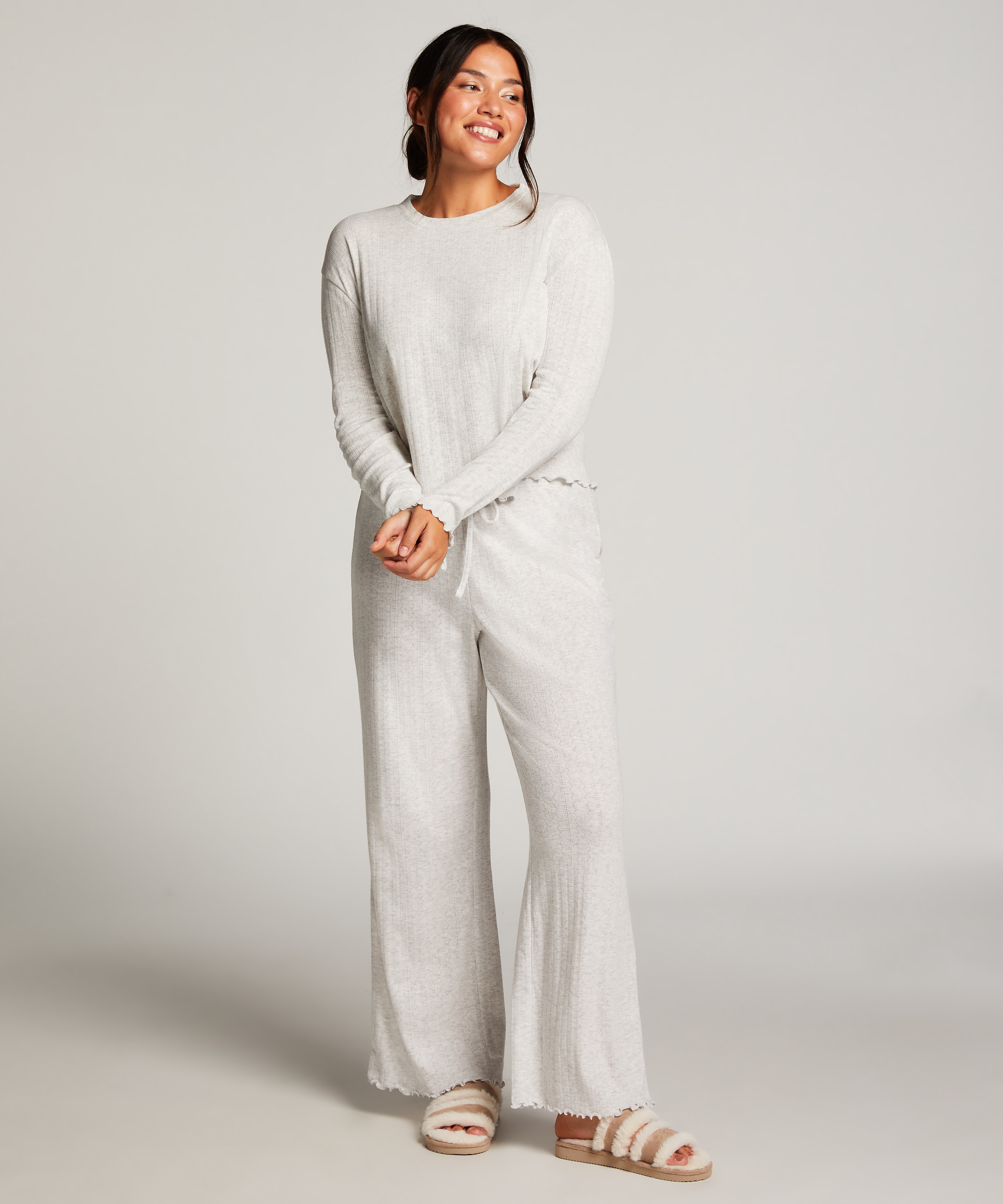 Pointelle Long-Sleeved Pyjama Top, Gray, main