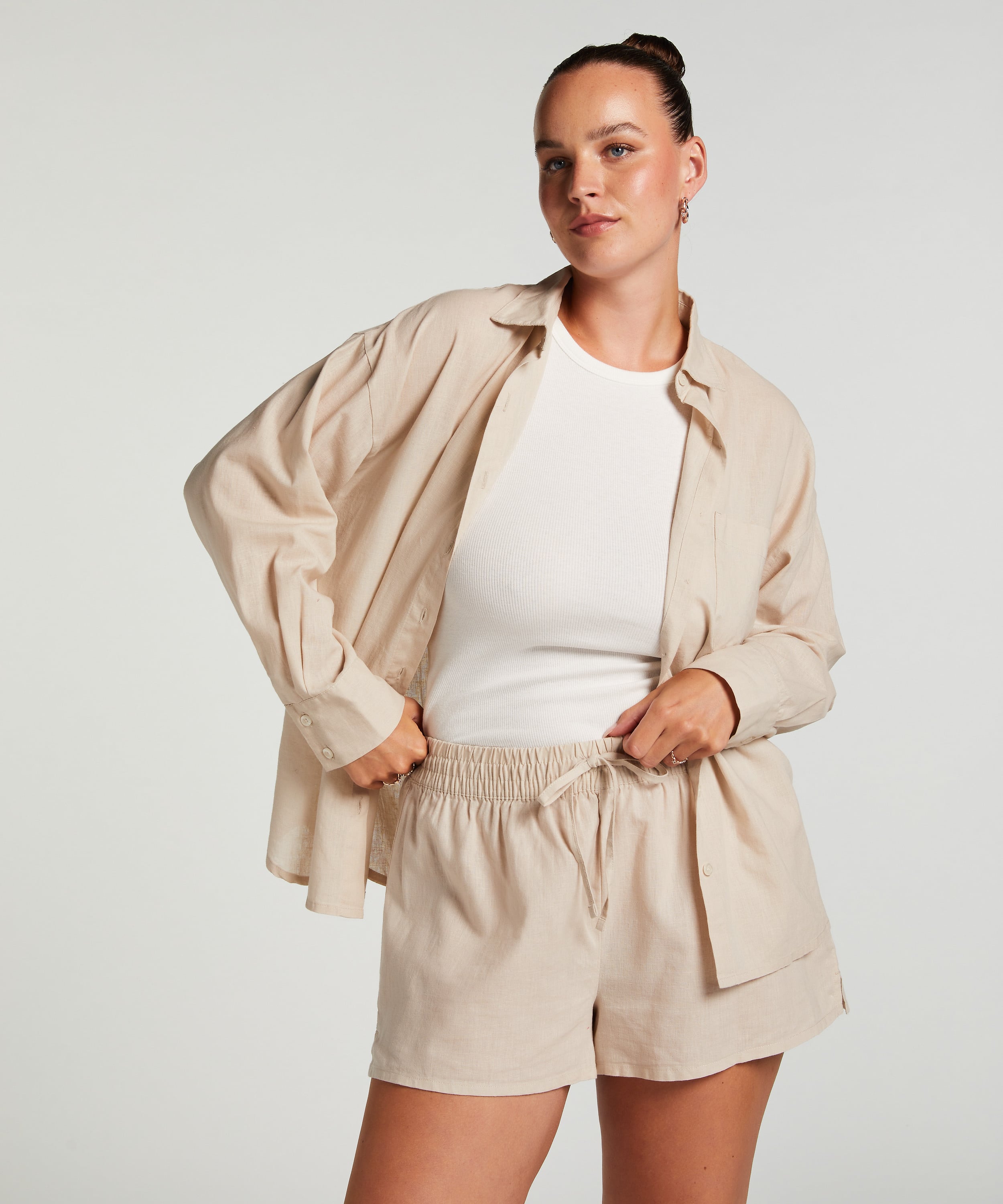 Linen Pyjama Shorts, Beige, main