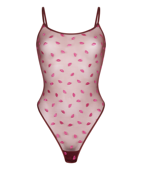 Be irresistible with this sheer mesh body, designed for a bold yet romantic look. Featuring an open back with crisscross string details, it creates a striking silhouette. Adorned with playful kiss embroideries, this piece blends flirty elegance with modern trend. Add it to your wardrobe and elevate your outfits! , Red