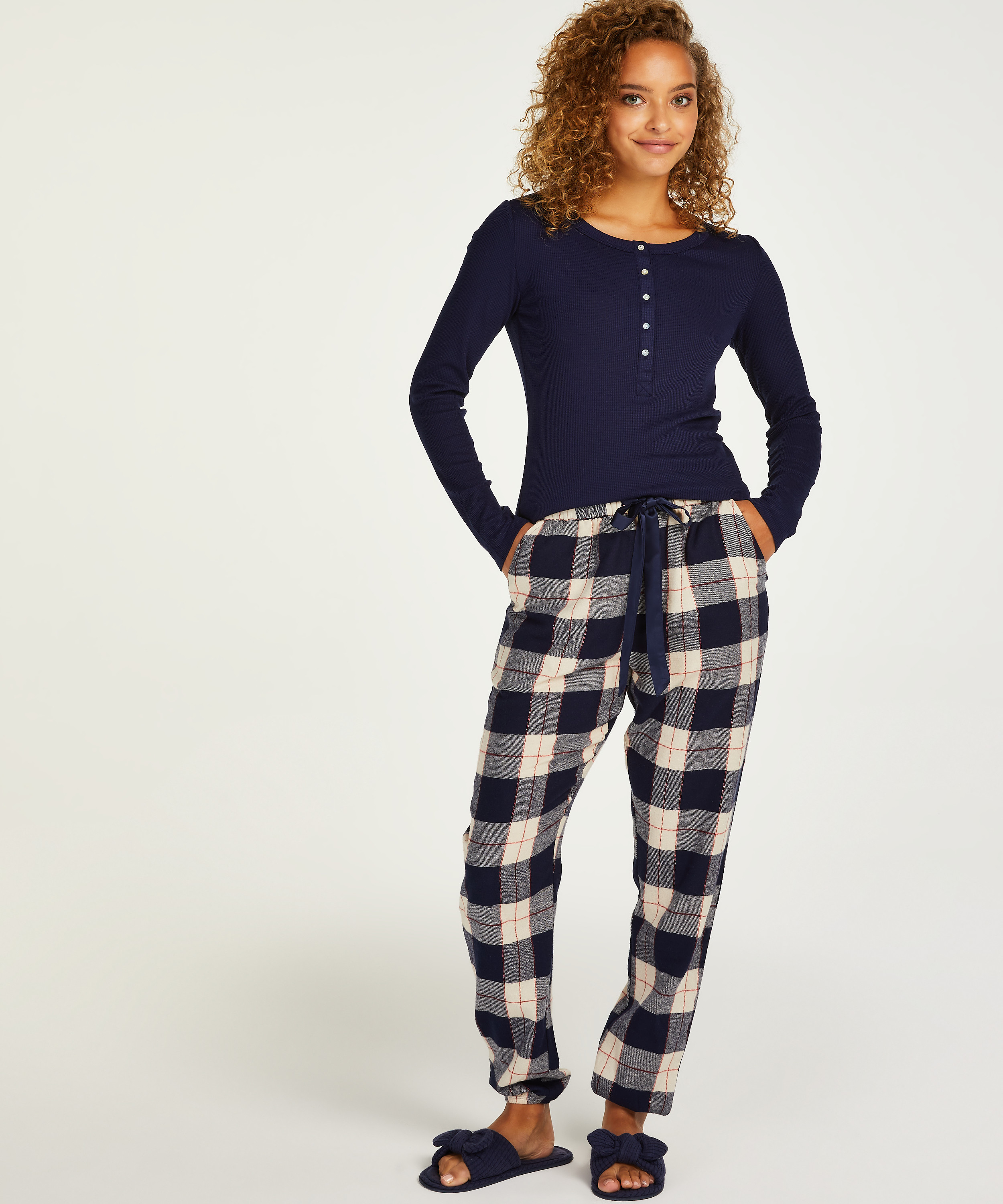Check Cuff Twill Pyjama Pants, Blue, main