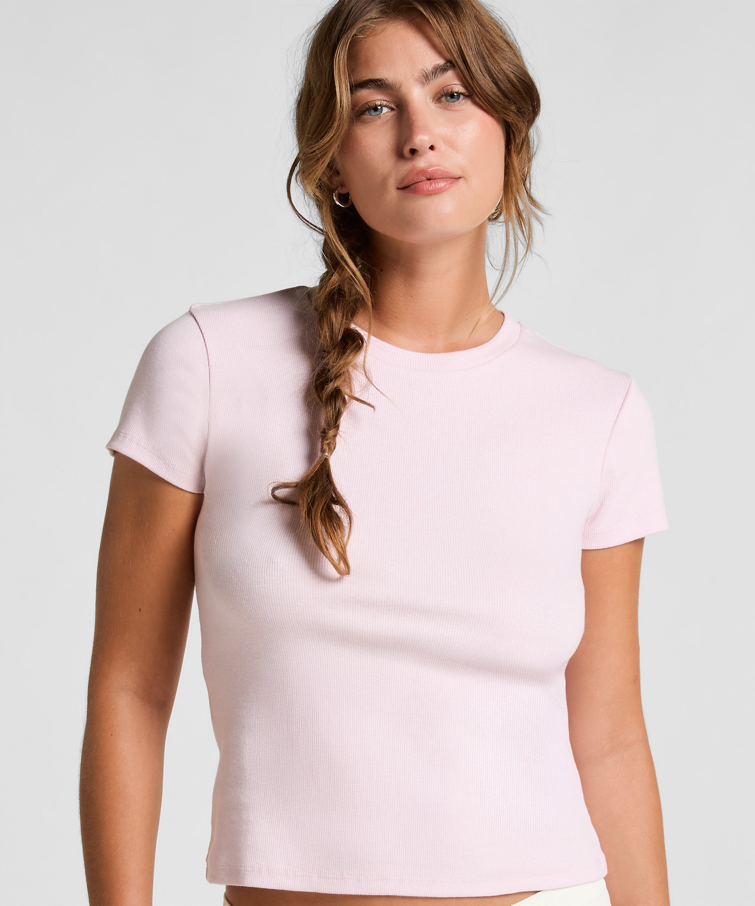 Ribbed Crew Neck Short-Sleeved Pyjama Top, Pink, main