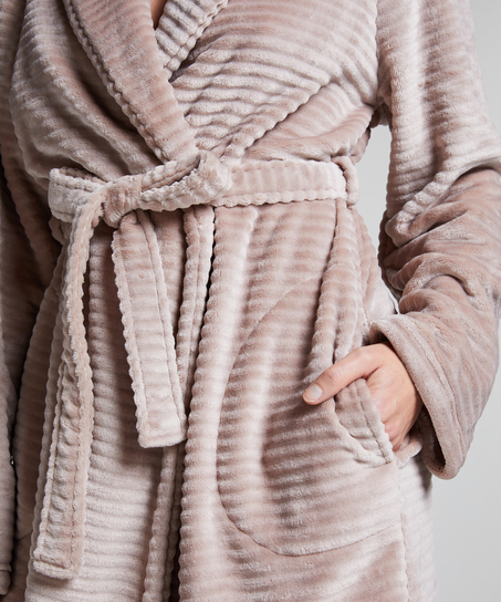 Short Fleece Ribbed Bathrobe, Beige