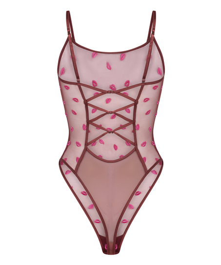 Be irresistible with this sheer mesh body, designed for a bold yet romantic look. Featuring an open back with crisscross string details, it creates a striking silhouette. Adorned with playful kiss embroideries, this piece blends flirty elegance with modern trend. Add it to your wardrobe and elevate your outfits! , Red
