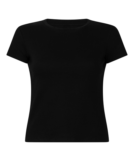 Ribbed Crew Neck Short-Sleeved Pyjama Top, Black