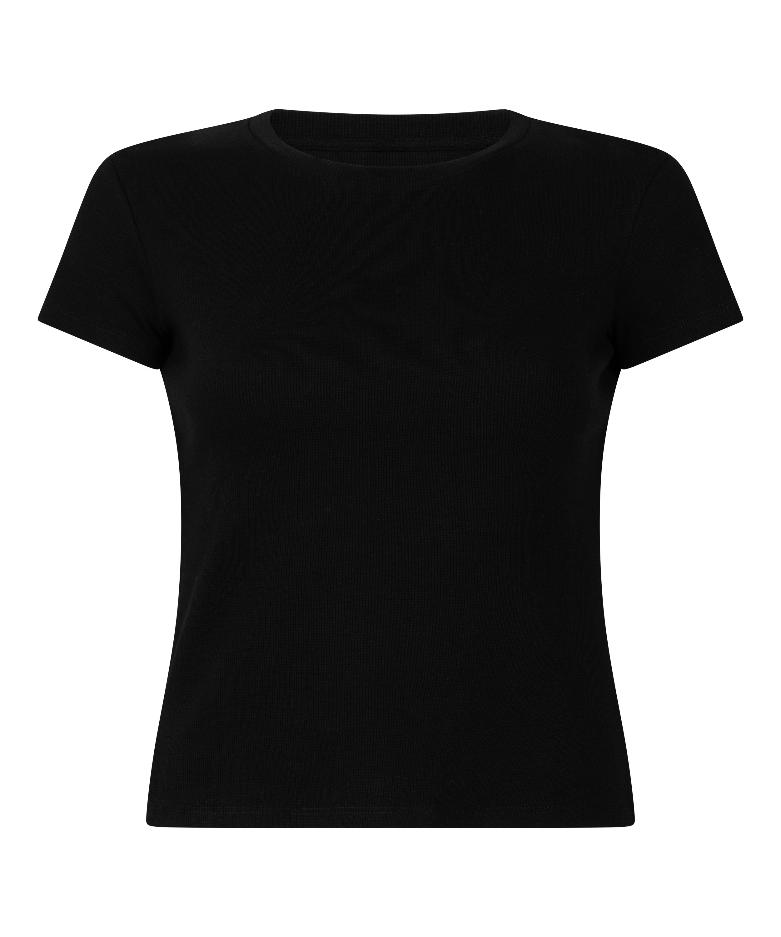 Ribbed Crew Neck Short-Sleeved Pyjama Top, Black, main