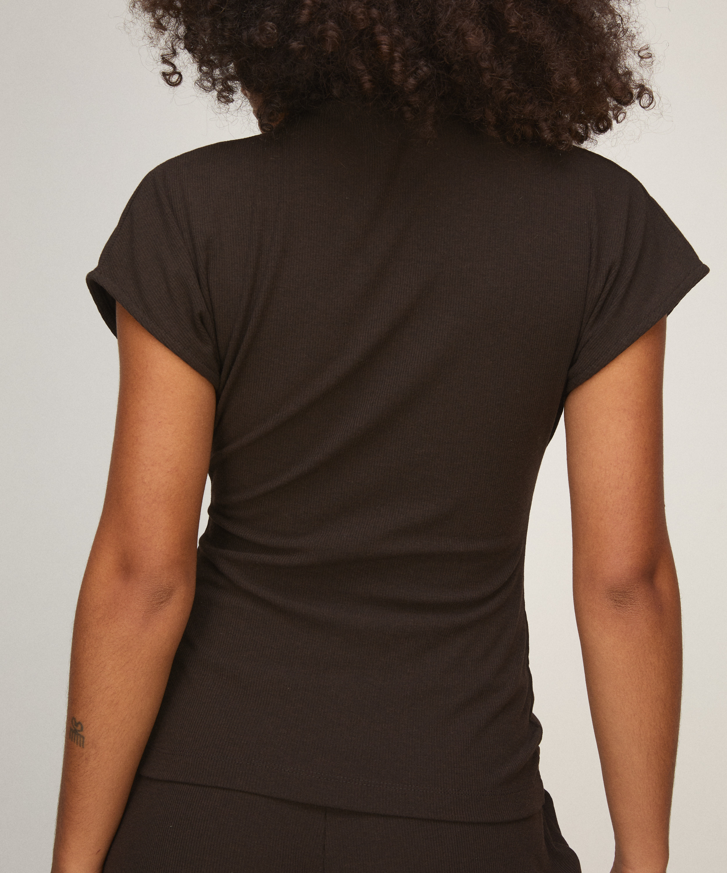 Top Short Sleeves Rib Mockneck, Brown, main
