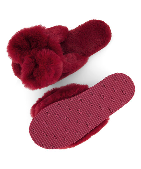 Bow Fake Fur Slippers, Red