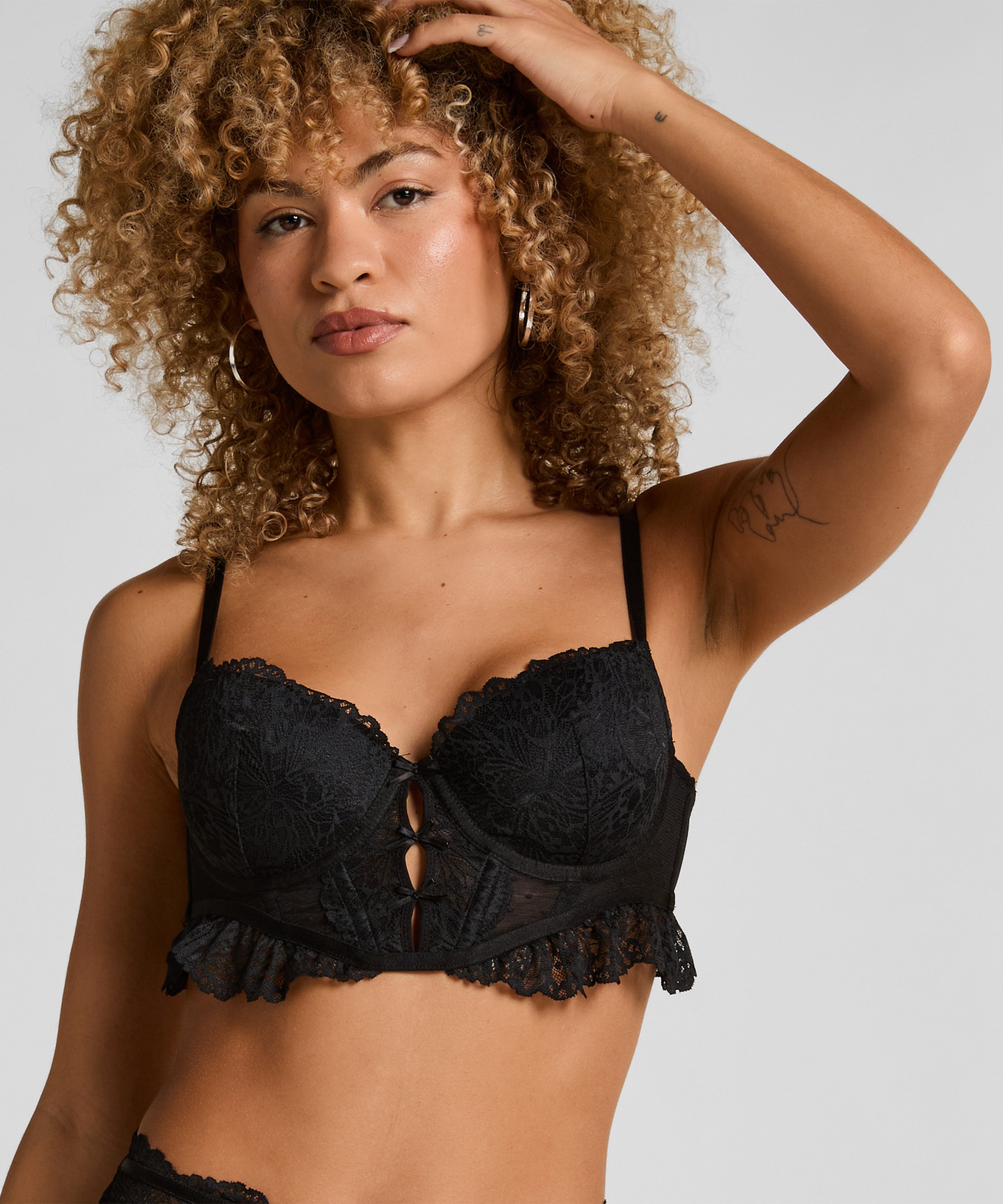 Posie Padded Underwired Longline Bra, Black, main