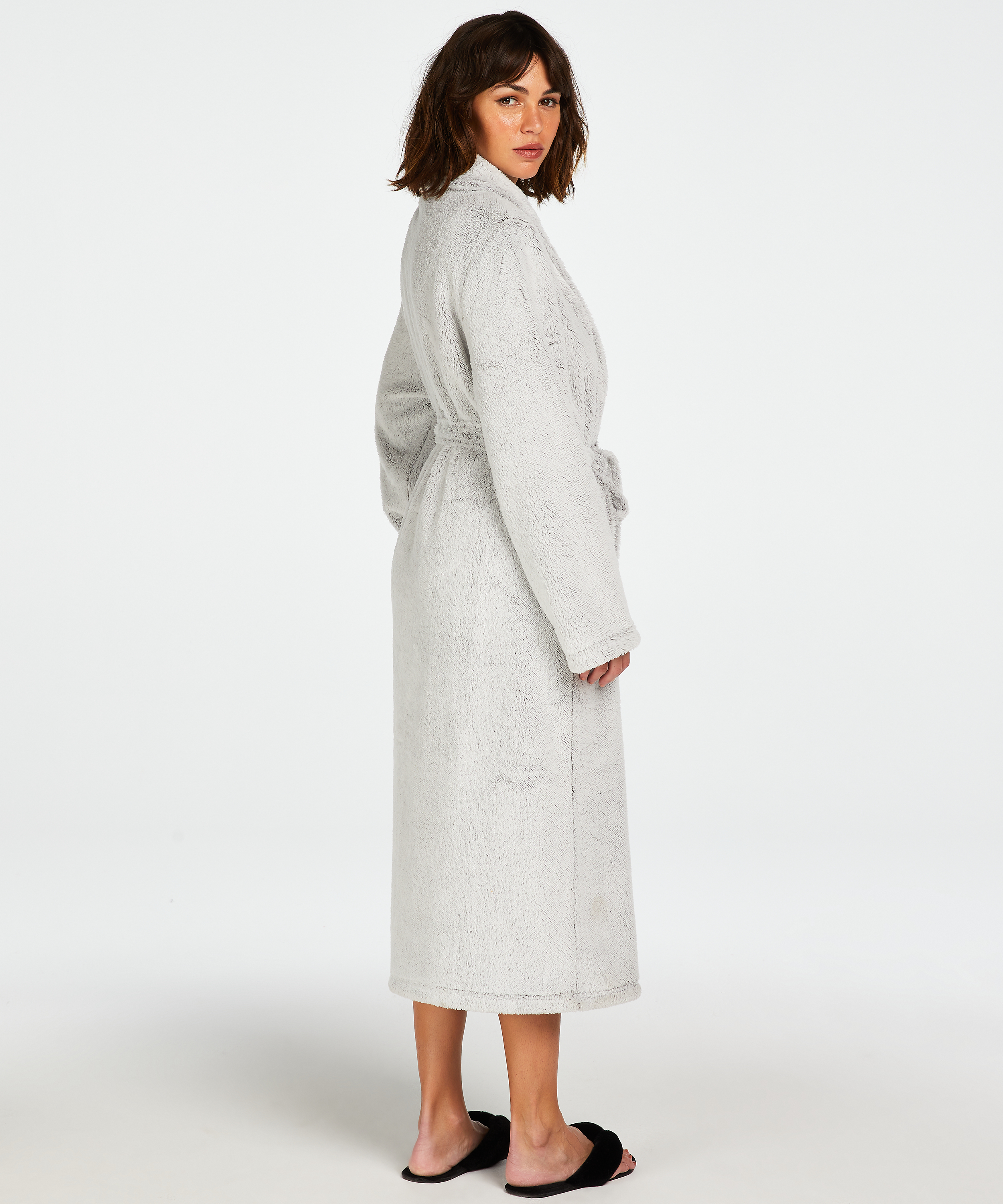 Long Fleece Bathrobe, Gray, main