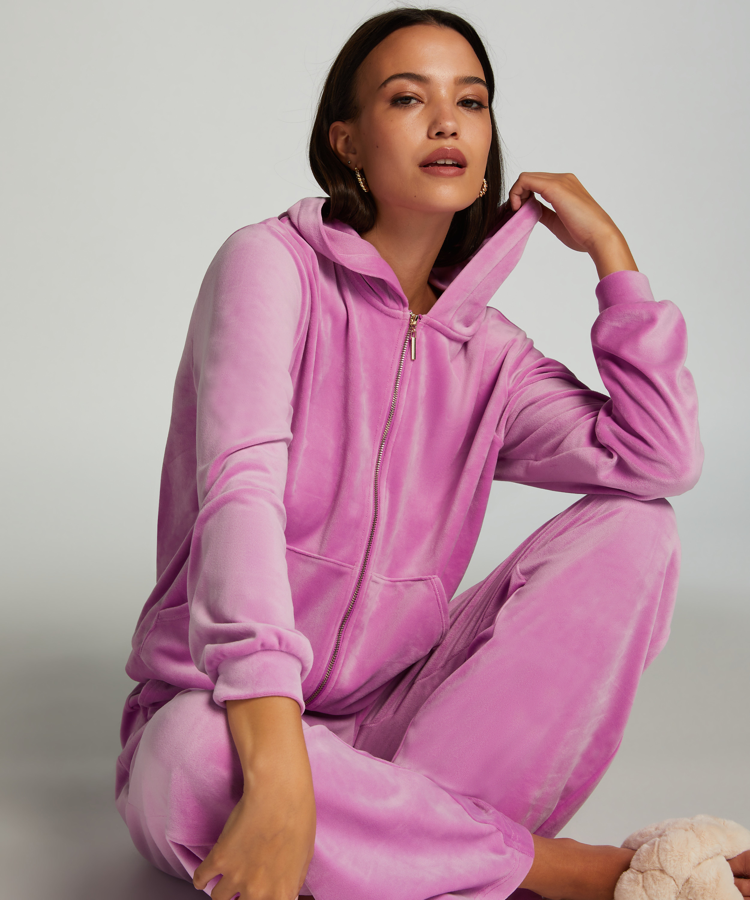 Velour hoodie jacket, Pink, main