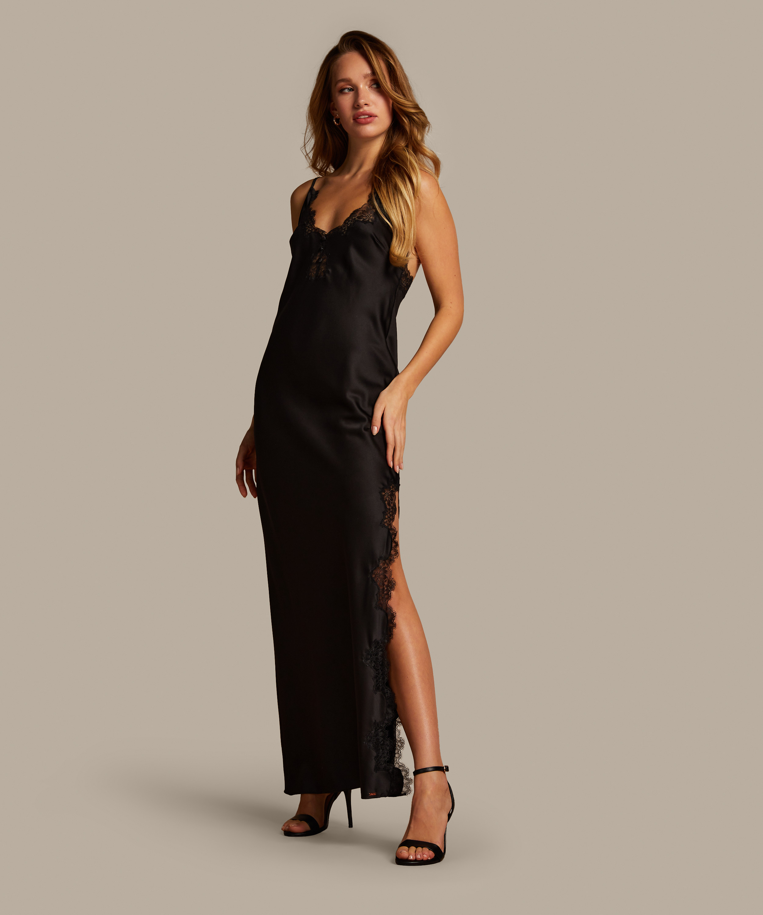 Satin Slip Dress, Black, main