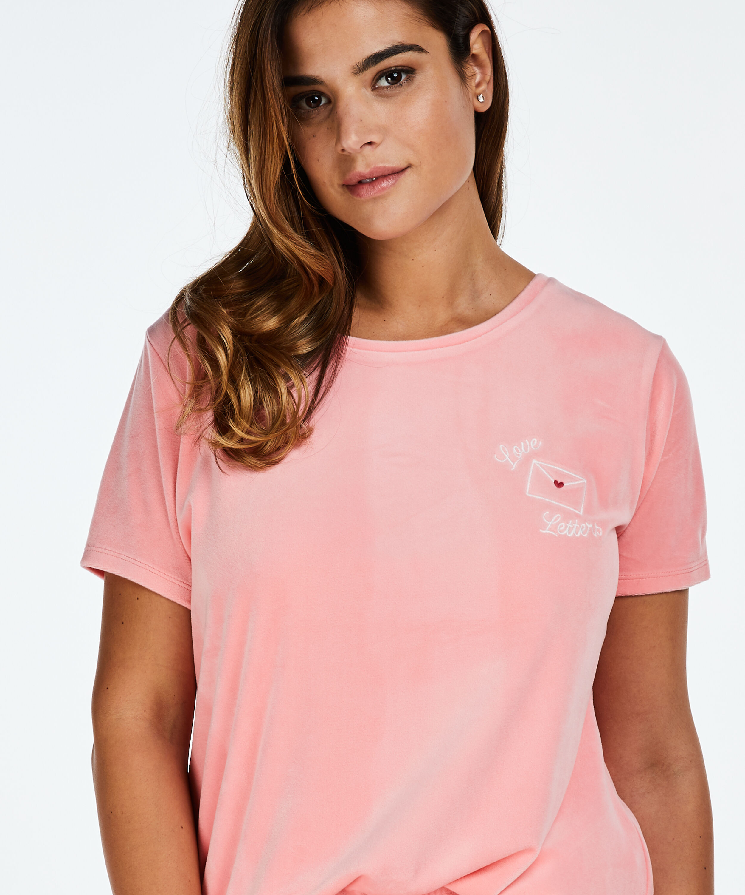Short-sleeve velours top, Pink