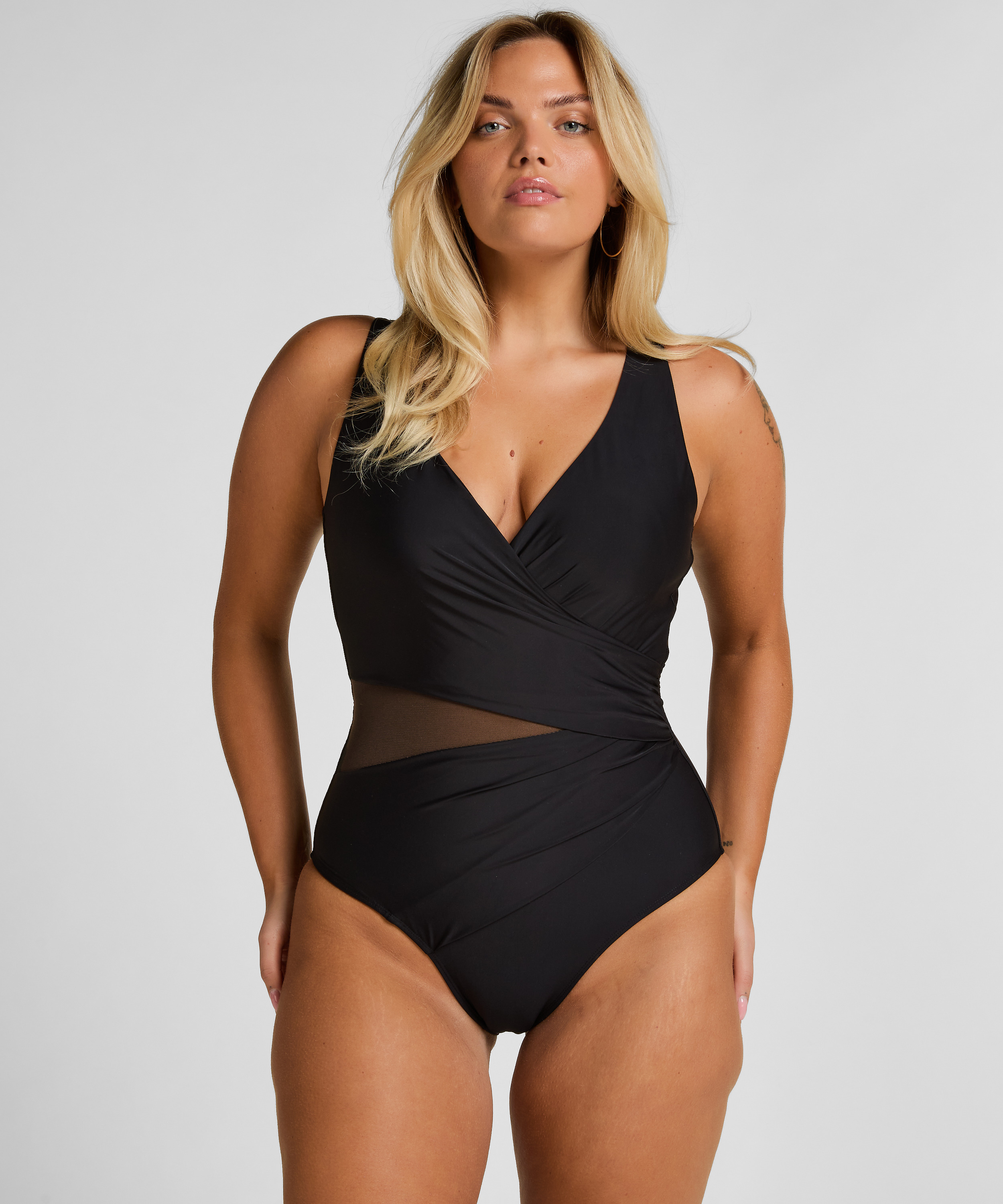 Shaping Shell Mesh Swimsuit, Black, main
