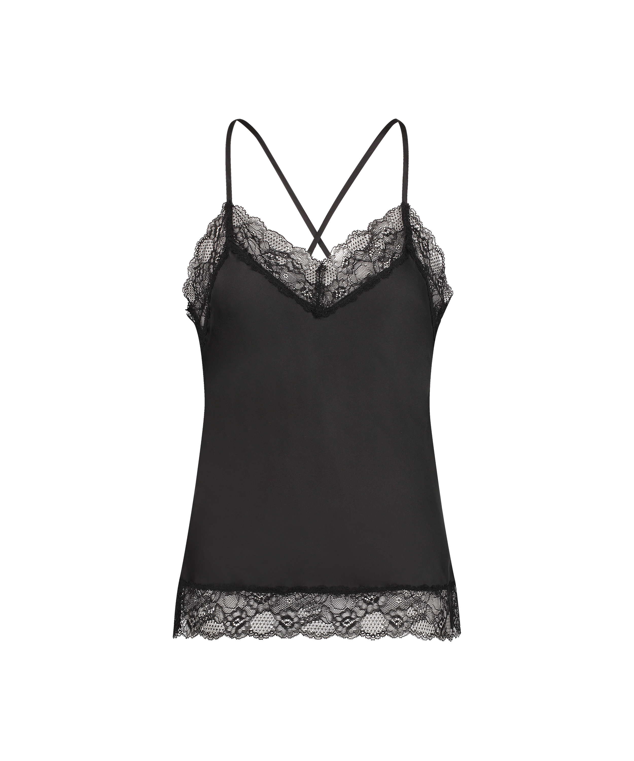 Satin Lace cami top, Black, main