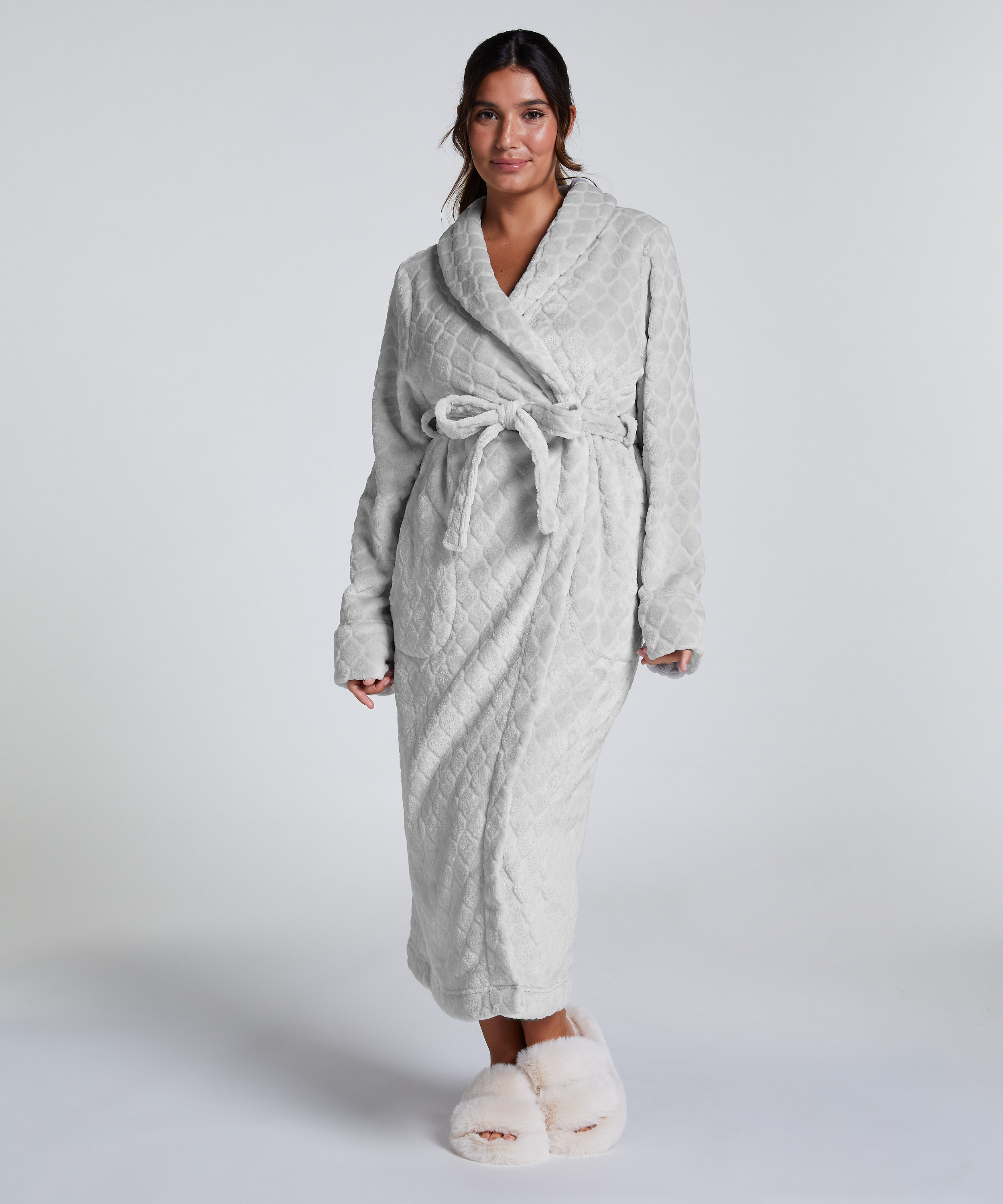 Long Fleece Bathrobe, Gray, main