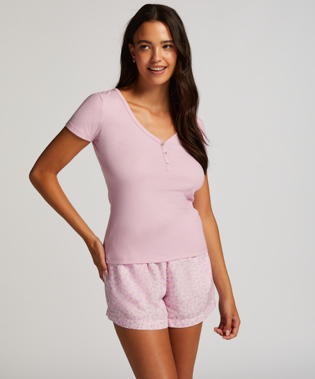 Rib Short-Sleeved Top, Pink