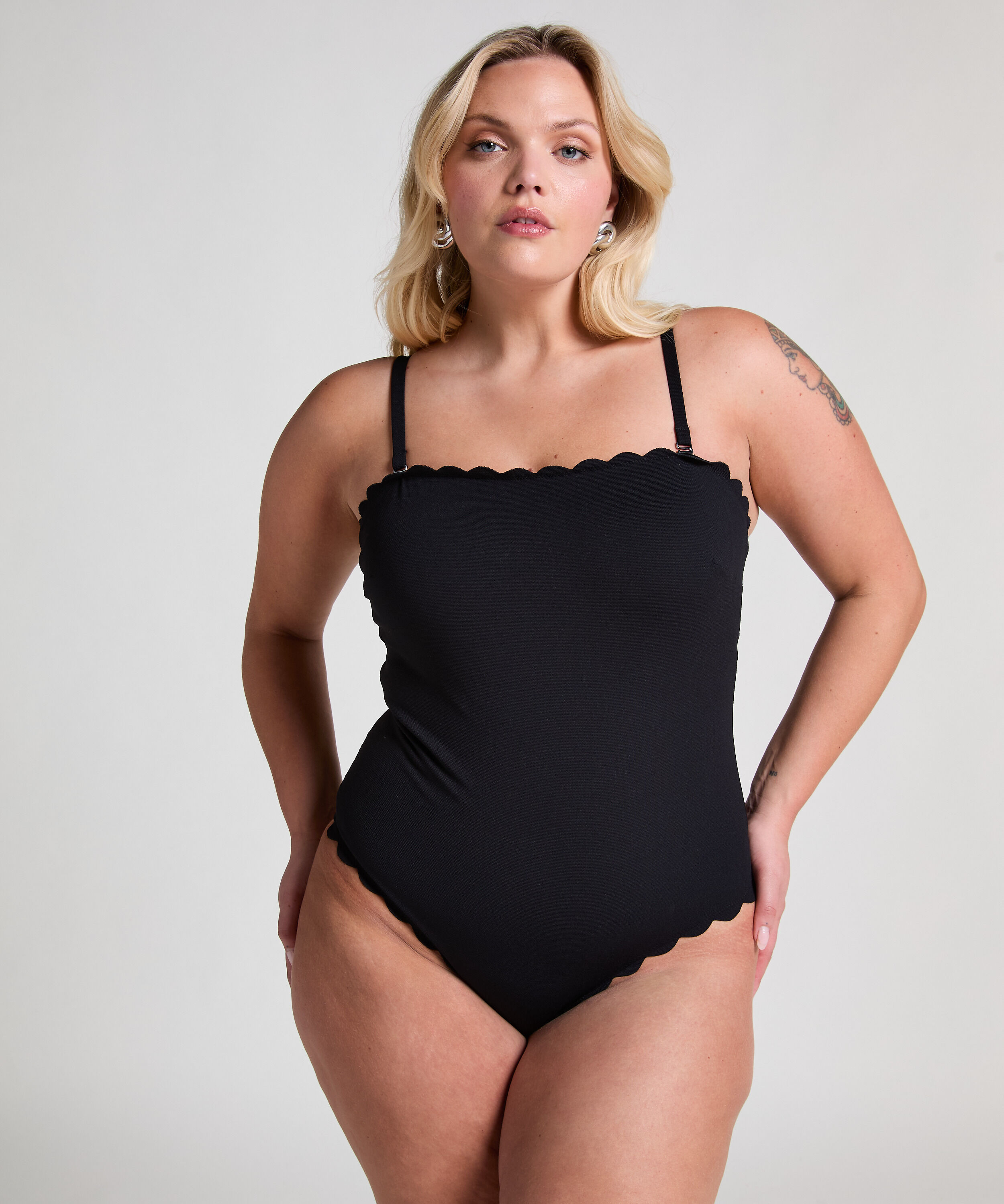 Bandeau Scallop Swimsuit, Black