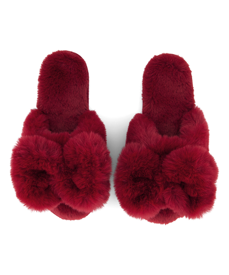Bow Fake Fur Slippers, Red