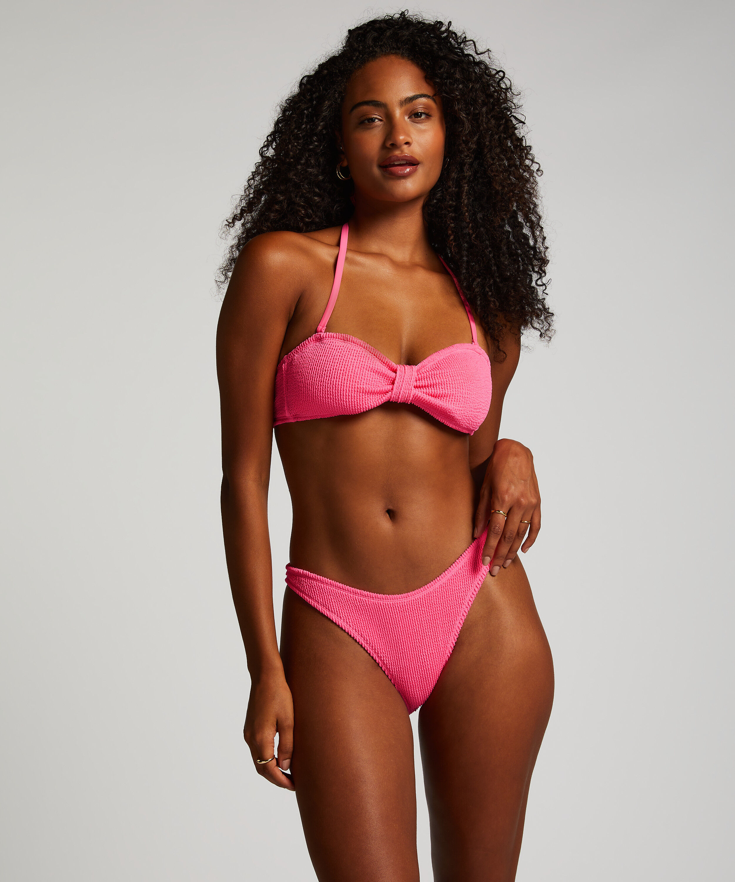 Crinkle High-Leg Bikini Bottoms, Pink