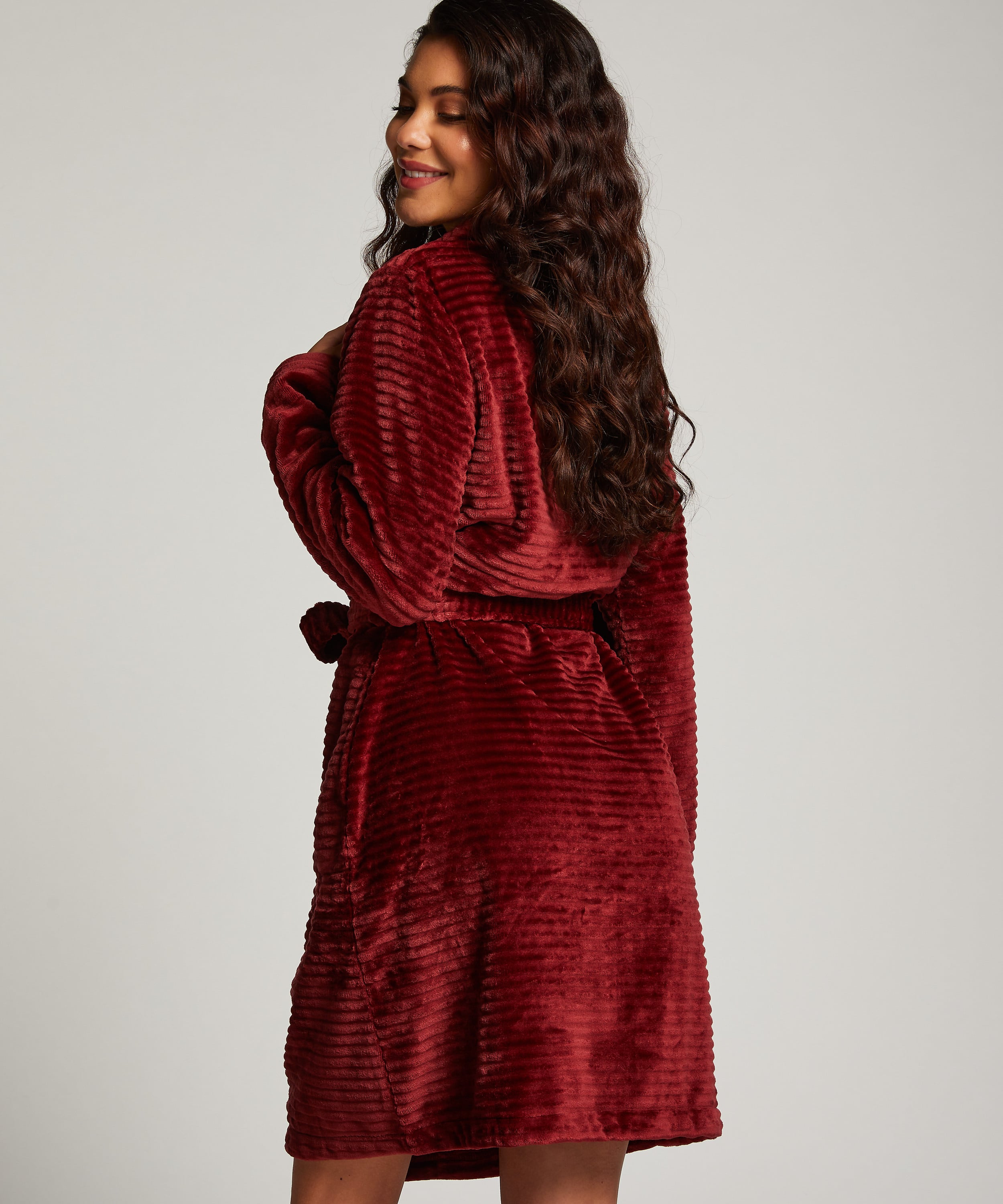 Short Fleece Ribbed Bathrobe, Brown, main