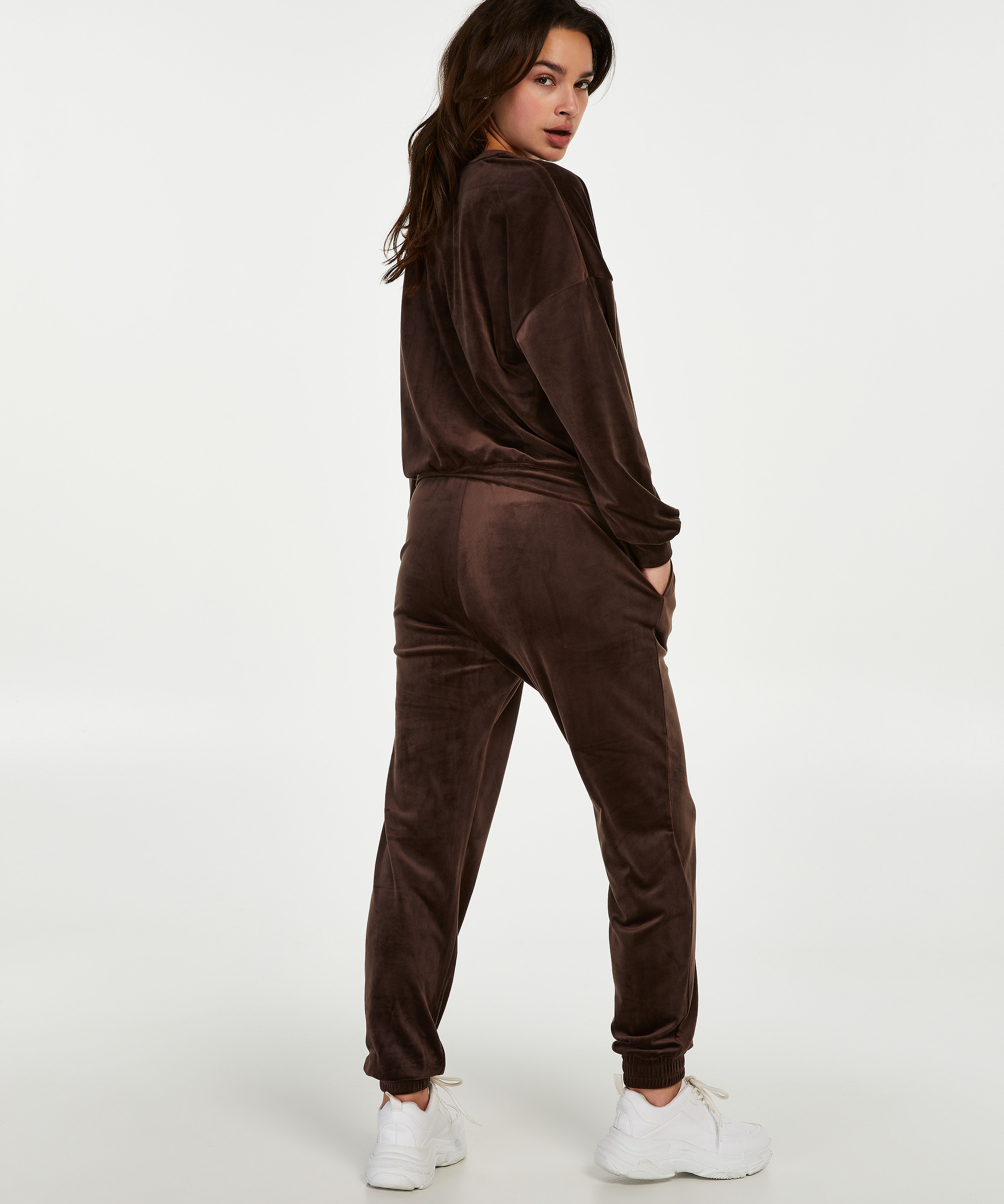 Velour Jogging Pants Pin-tucked, Brown, main