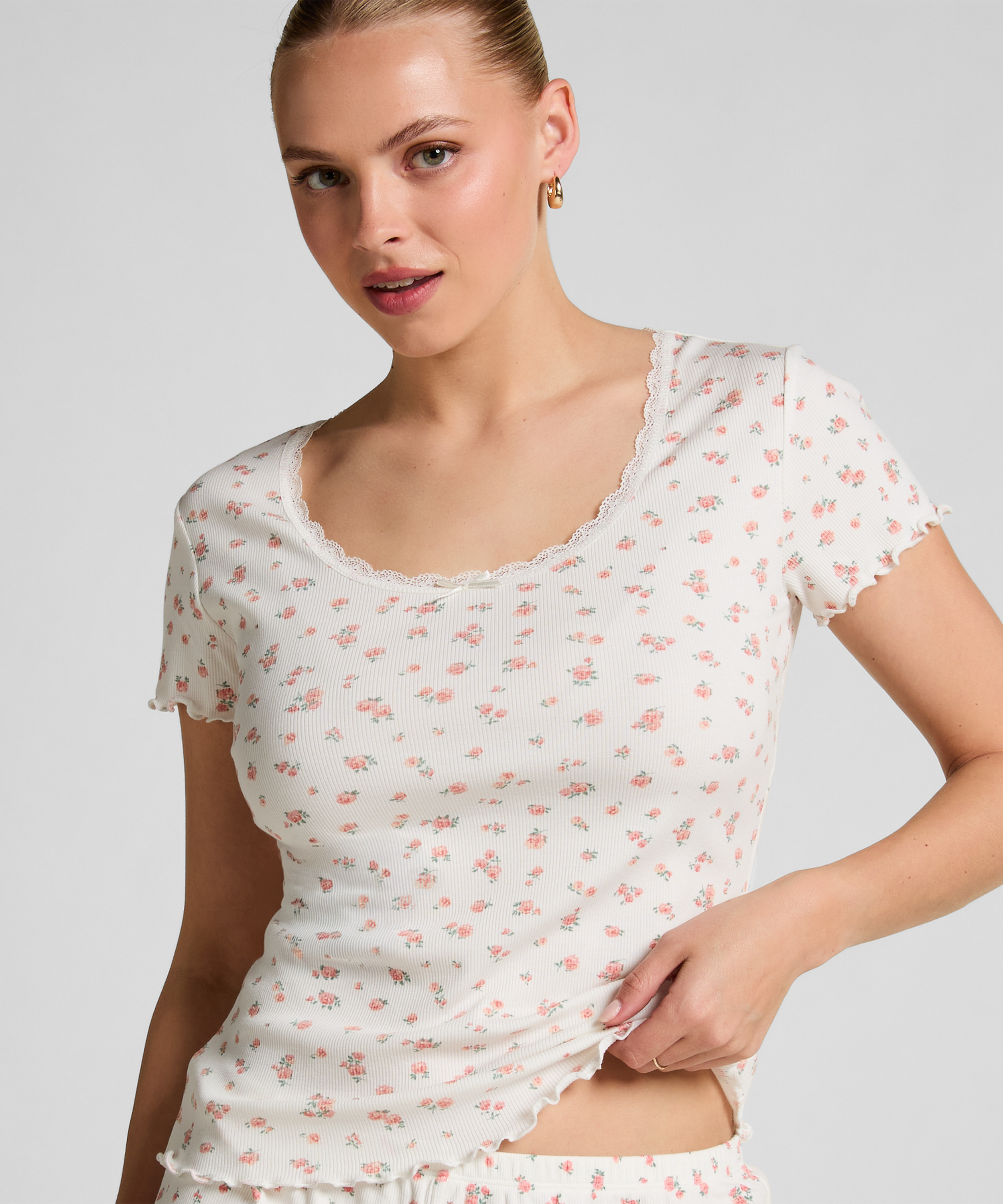 Ribbed Lace Short-sleeved Top, White, main