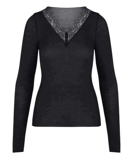 super soft Lace V-Neck shirt with Cashmere, Black