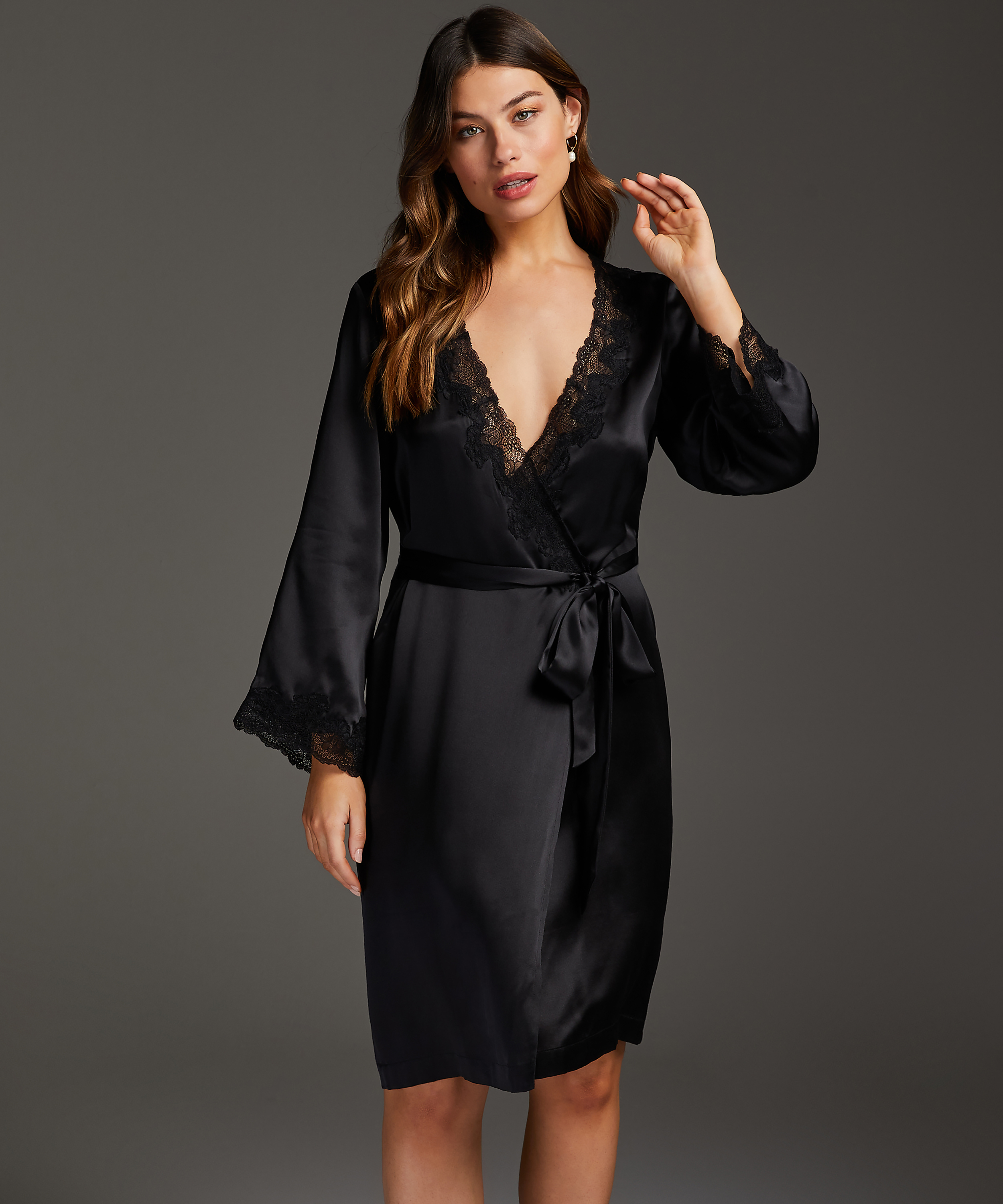 Silk lace trim kimono, Black, main